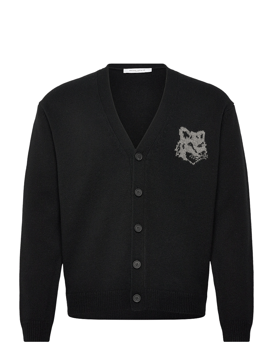 Maison Kitsune - FOX HEAD INTARSIA MERINO CARDIGAN BLACK/MEDIUM GRE - cardigans - blackmediumgreymelange - 1