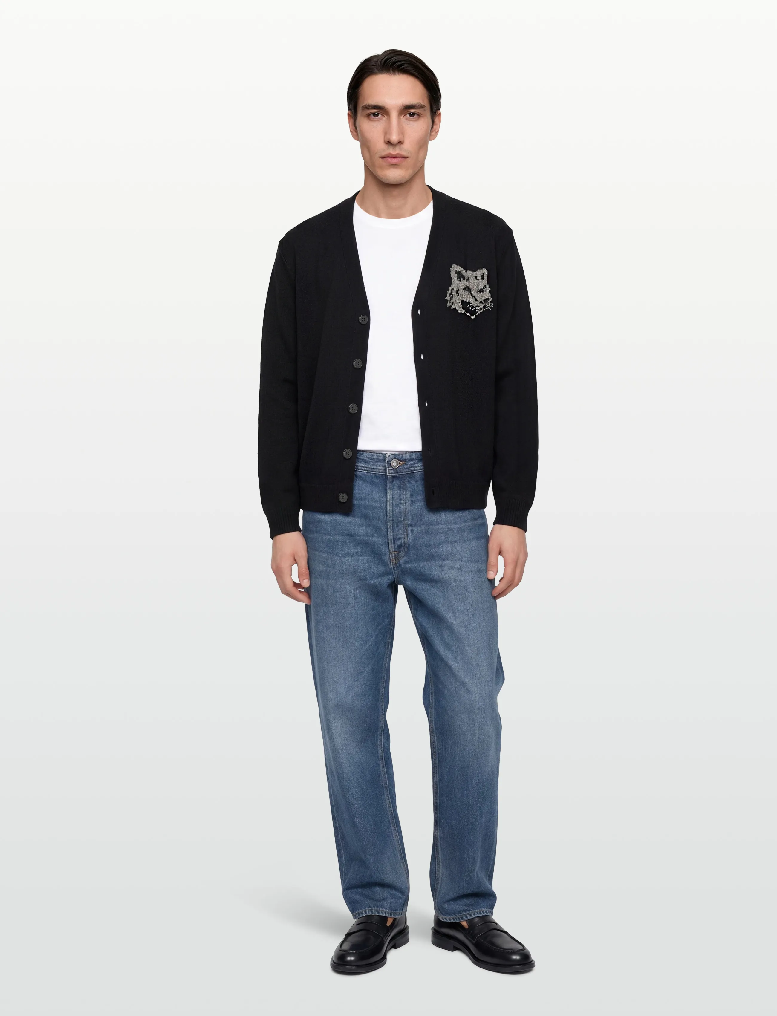 Maison Kitsune Fox Head Intarsia Merino Cardigan Black/Medium Gre, L, Knitwear, Schwarz - Cardigans, Männerswear