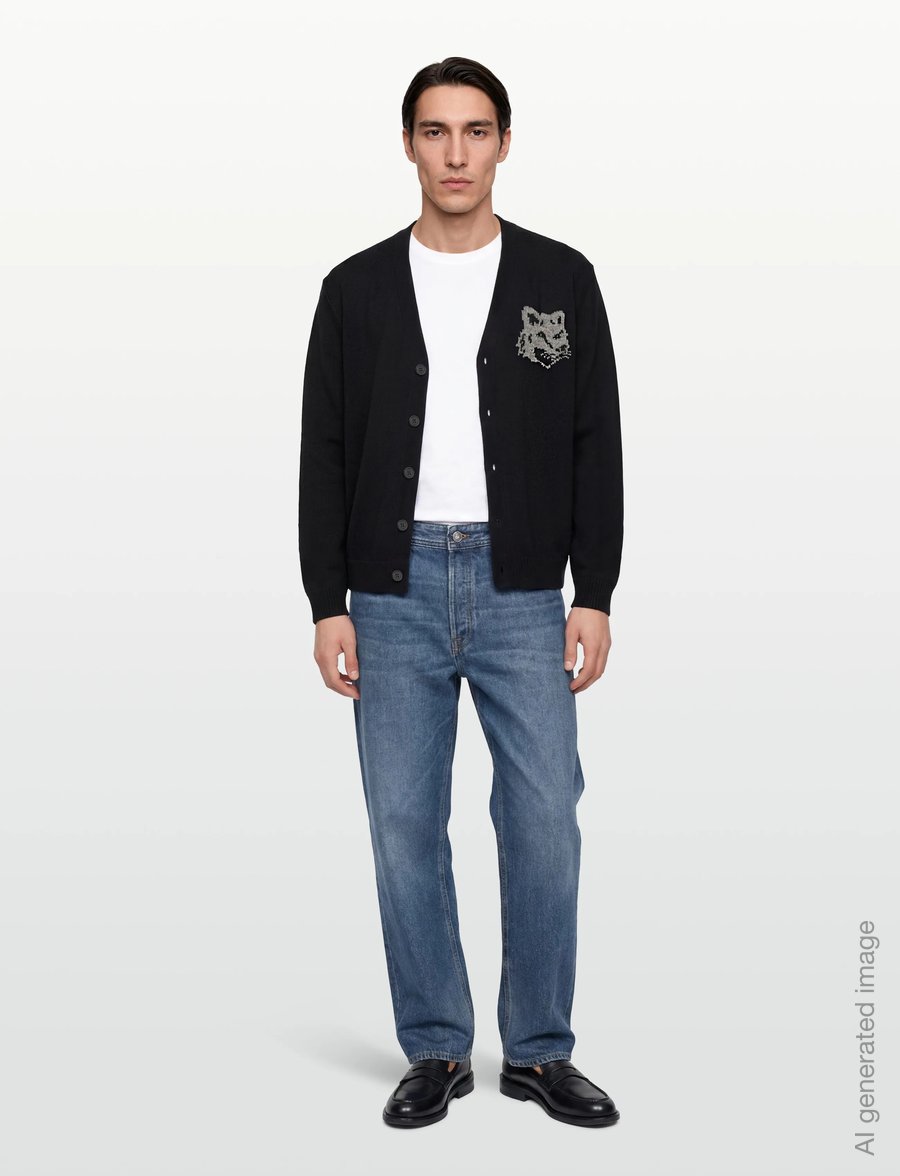 Maison Kitsune - FOX HEAD INTARSIA MERINO CARDIGAN BLACK/MEDIUM GRE - cardigans - blackmediumgreymelange - 0