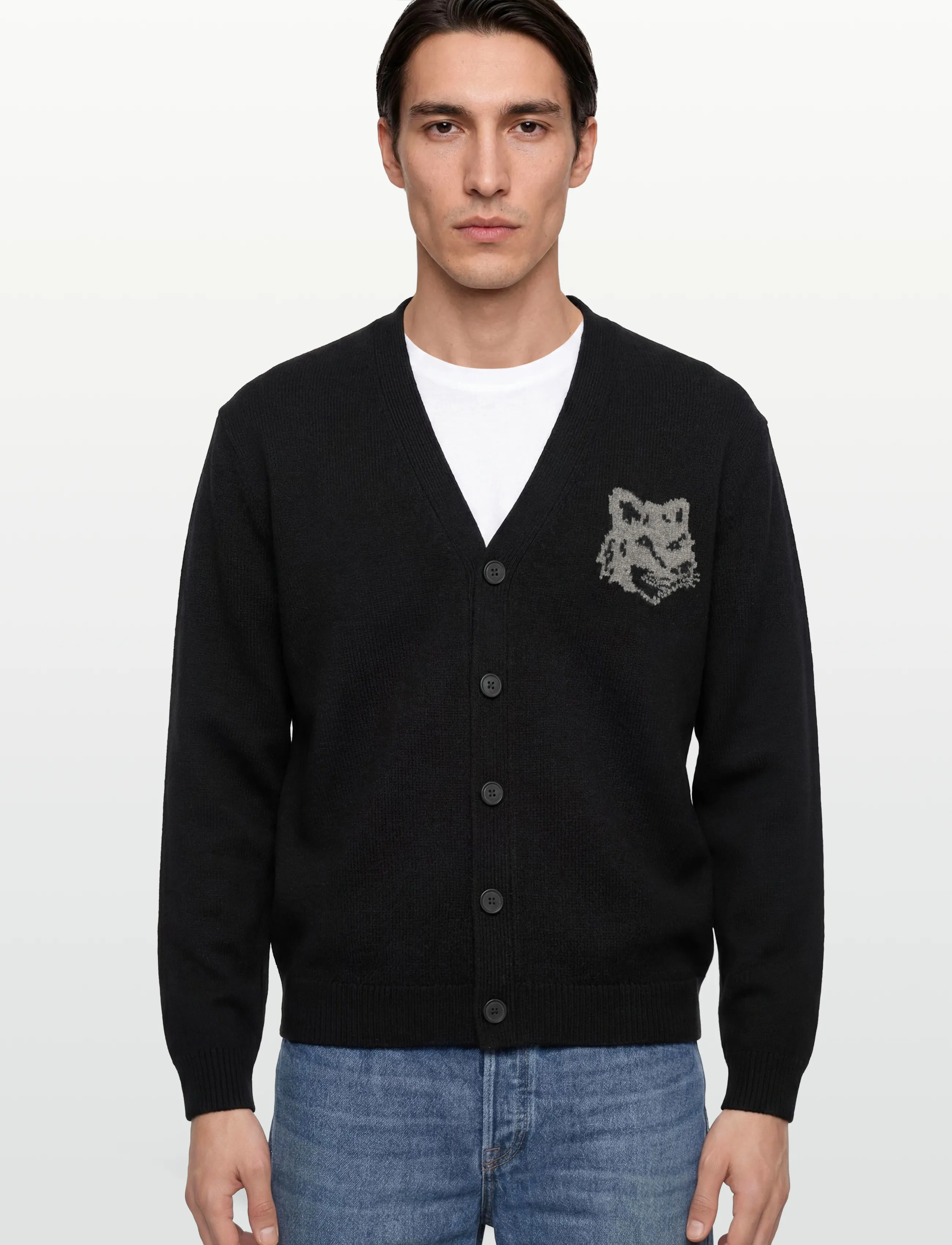 Maison Kitsune - FOX HEAD INTARSIA MERINO CARDIGAN BLACK/MEDIUM GRE - koftor - blackmediumgreymelange - 3