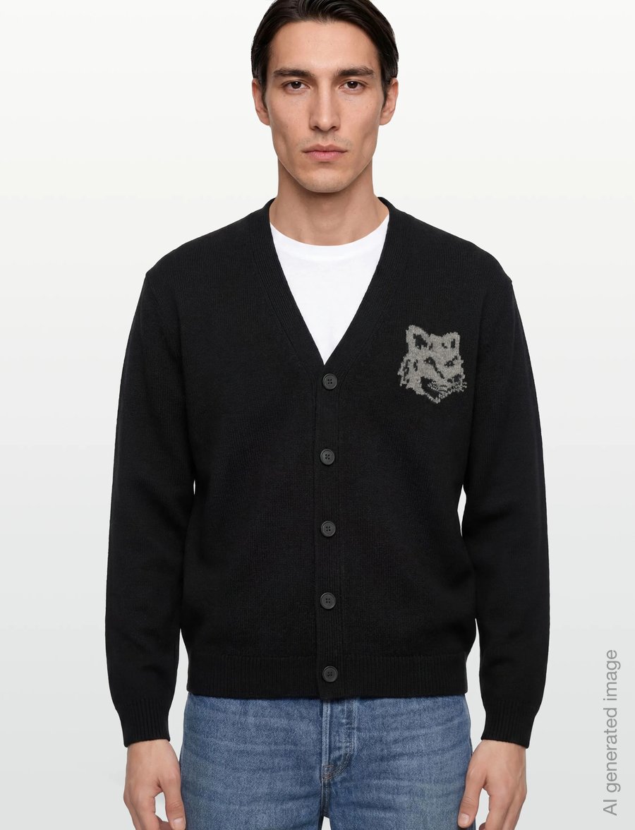 Maison Kitsune - FOX HEAD INTARSIA MERINO CARDIGAN BLACK/MEDIUM GRE - cardigans - blackmediumgreymelange - 3