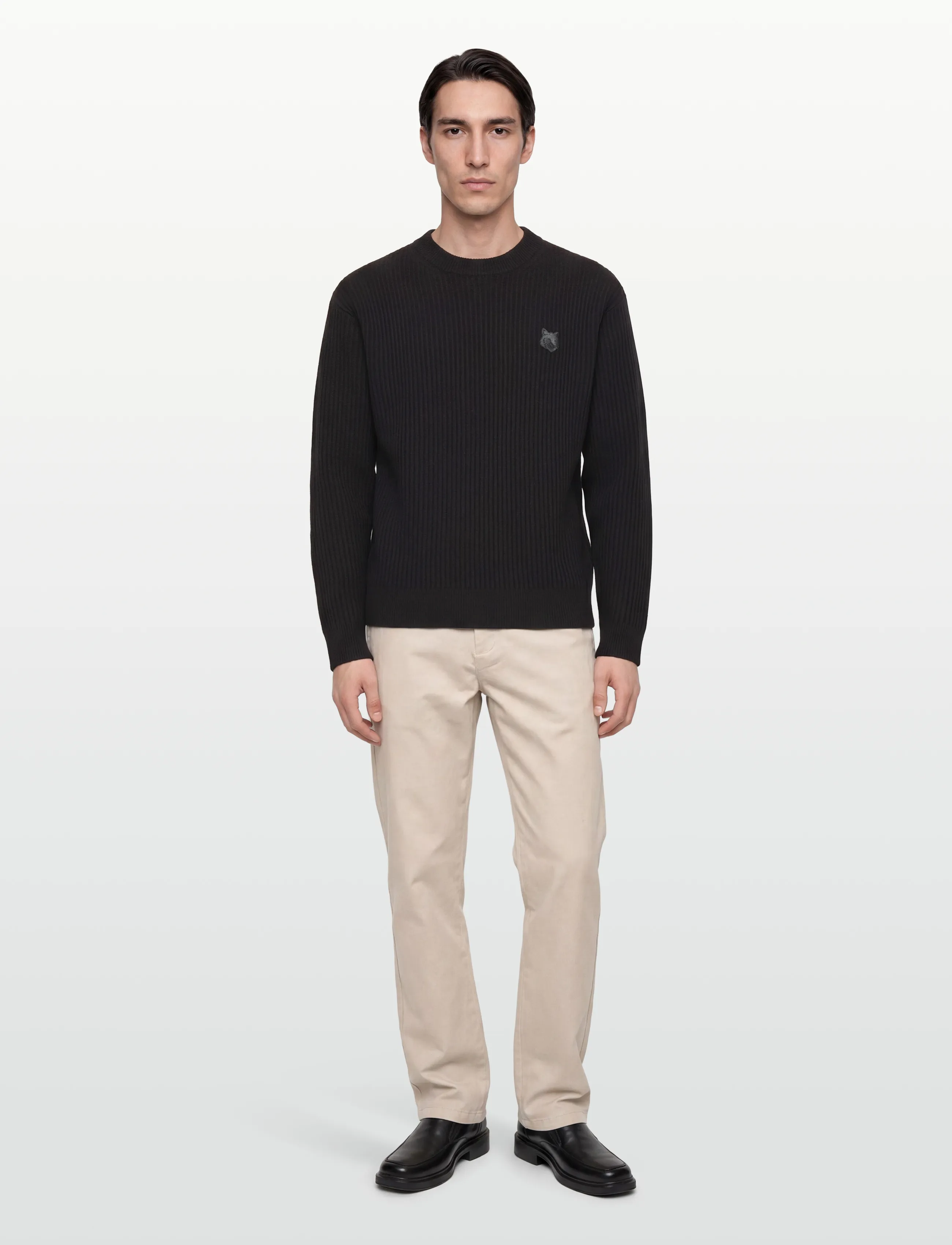 Maison Kitsune Fox Head Wool Ribbed Jumper, Mænd, Ribstrikket Rundhalset Jumper, Sort, Str: M