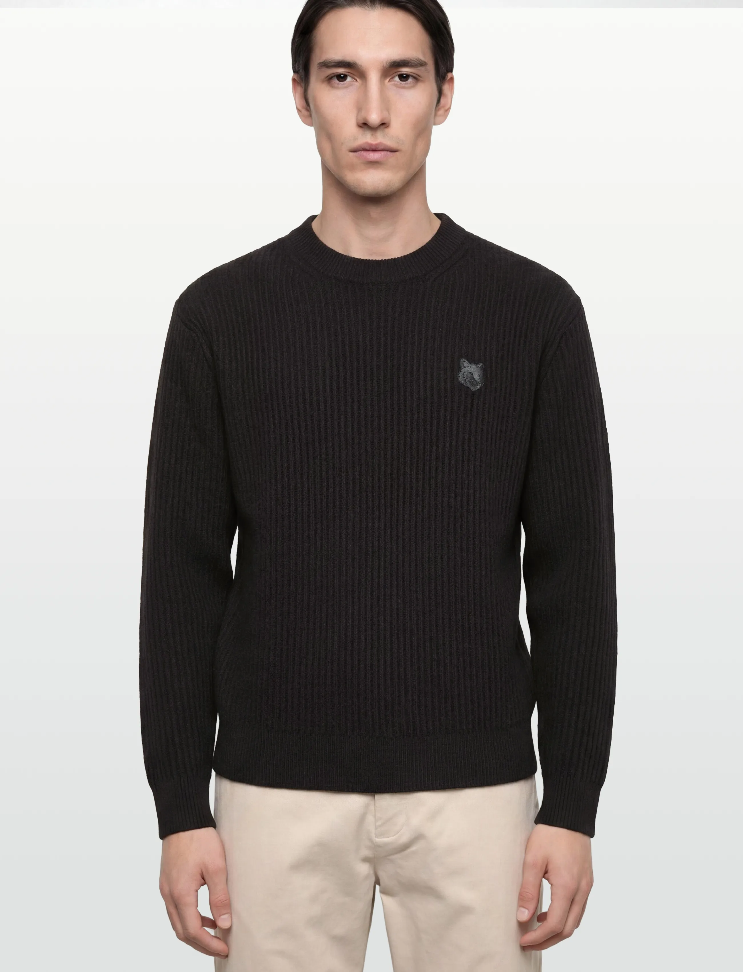 Maison Kitsune - FOX HEAD WOOL RIBBED JUMPER - trøjer - black - 3