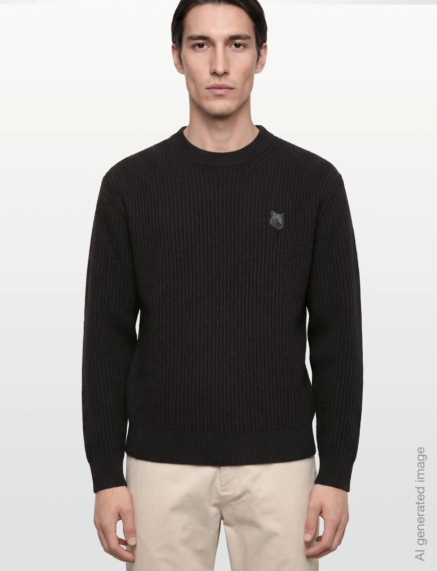 Maison Kitsune - FOX HEAD WOOL RIBBED JUMPER - rundhals - black - 3