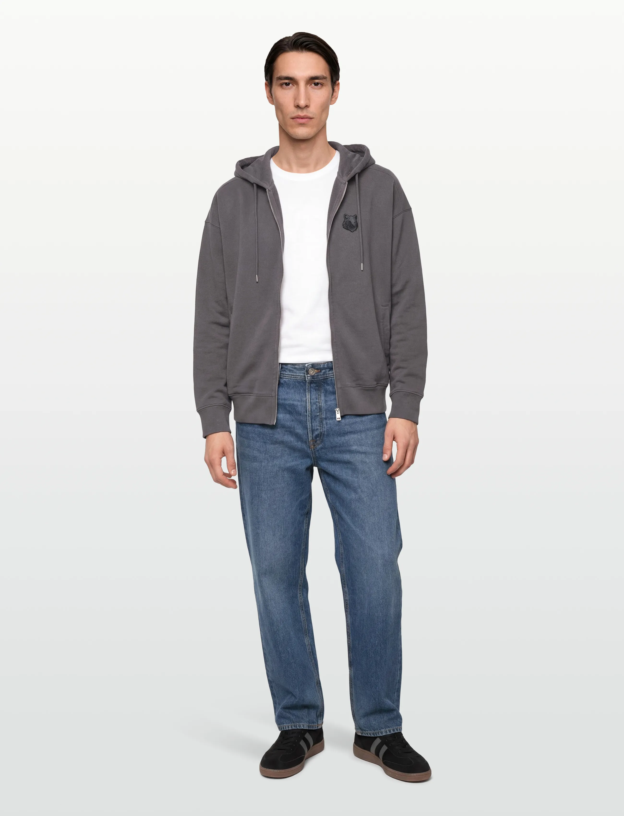 Maison Kitsune Fox Head Zipped Oversize Hoodie, Mænd, Oversized Lynlås Hoodie, Grå, Str: L