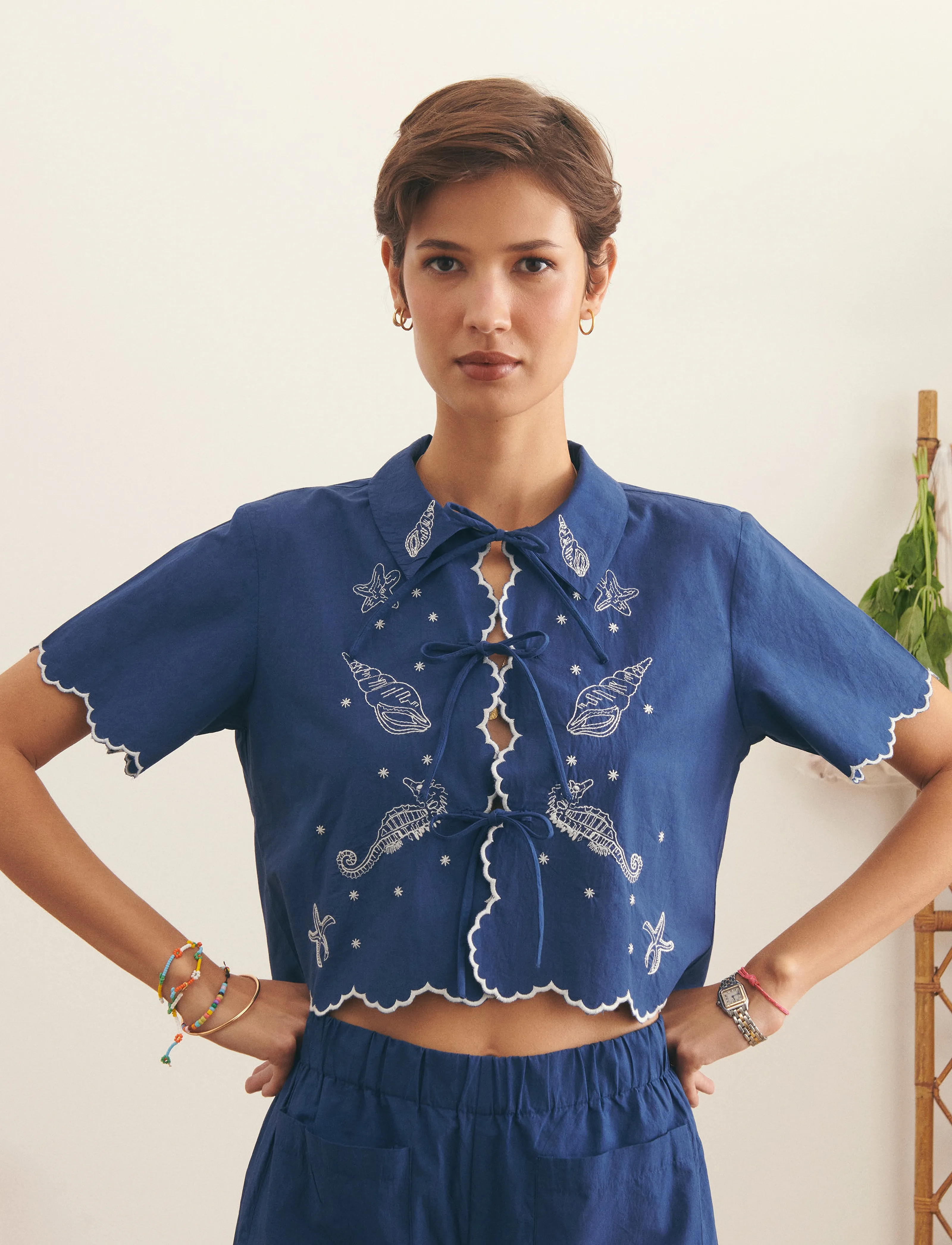 Maison Labiche Breche Seashells, XS, Navy, Skjorter > Kortærmede, Dame
