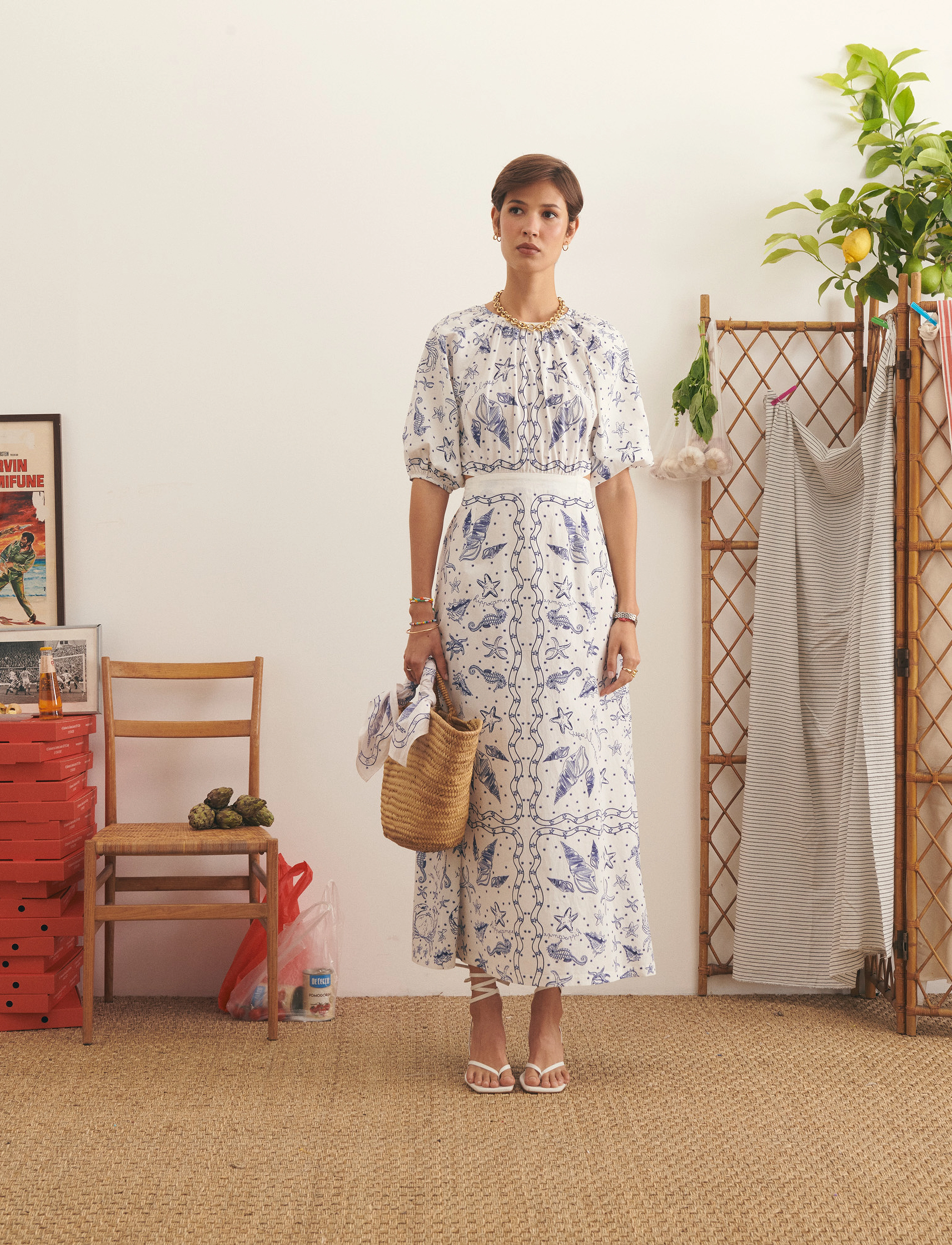 Maison Labiche NIESSEL DRESS - Klänningar - SEASHELLS BLUE PRINT / white
