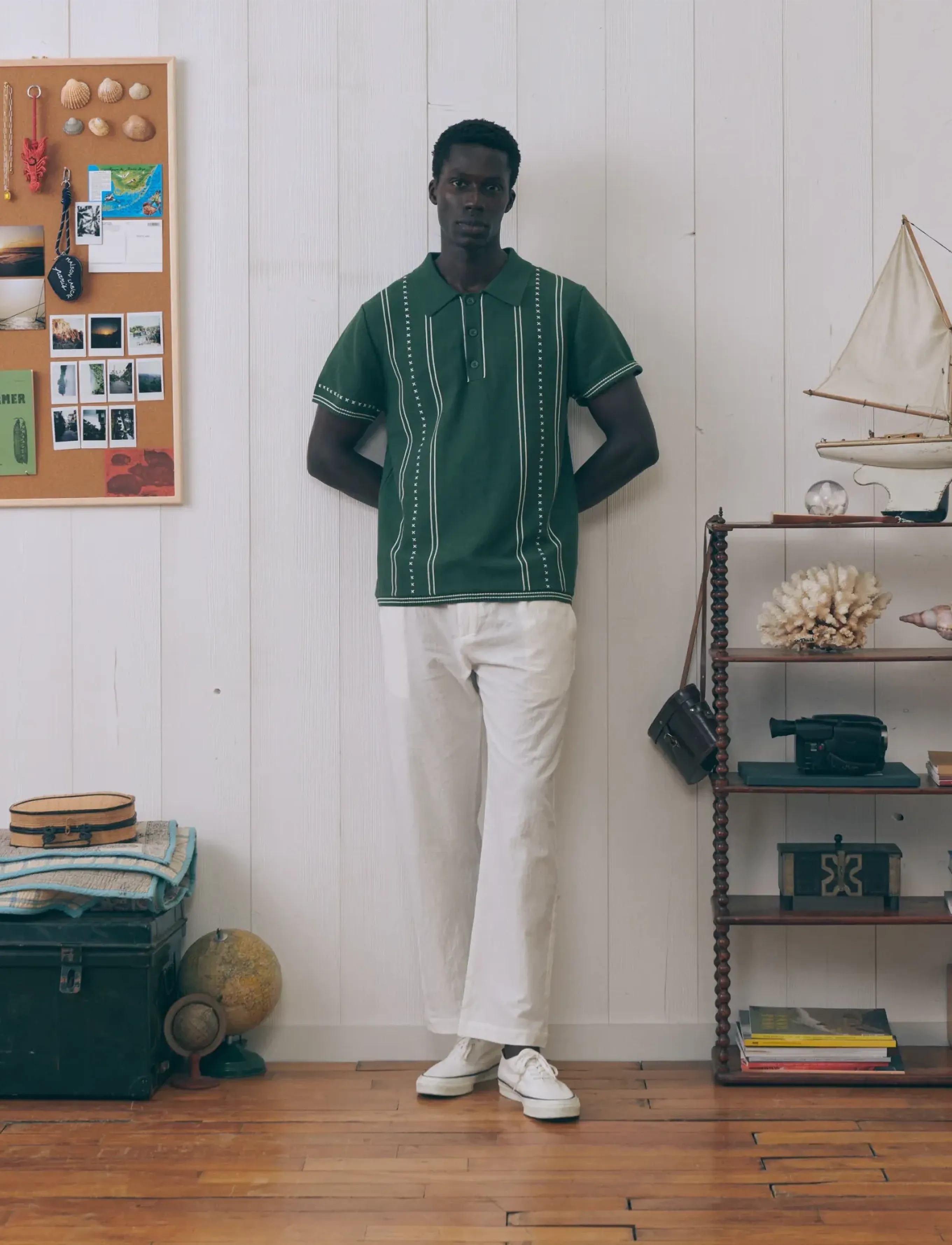 Maison Labiche Chapu Stripes, Mænd, Stribet Strikket Poloshirt, Grøn, Str: S