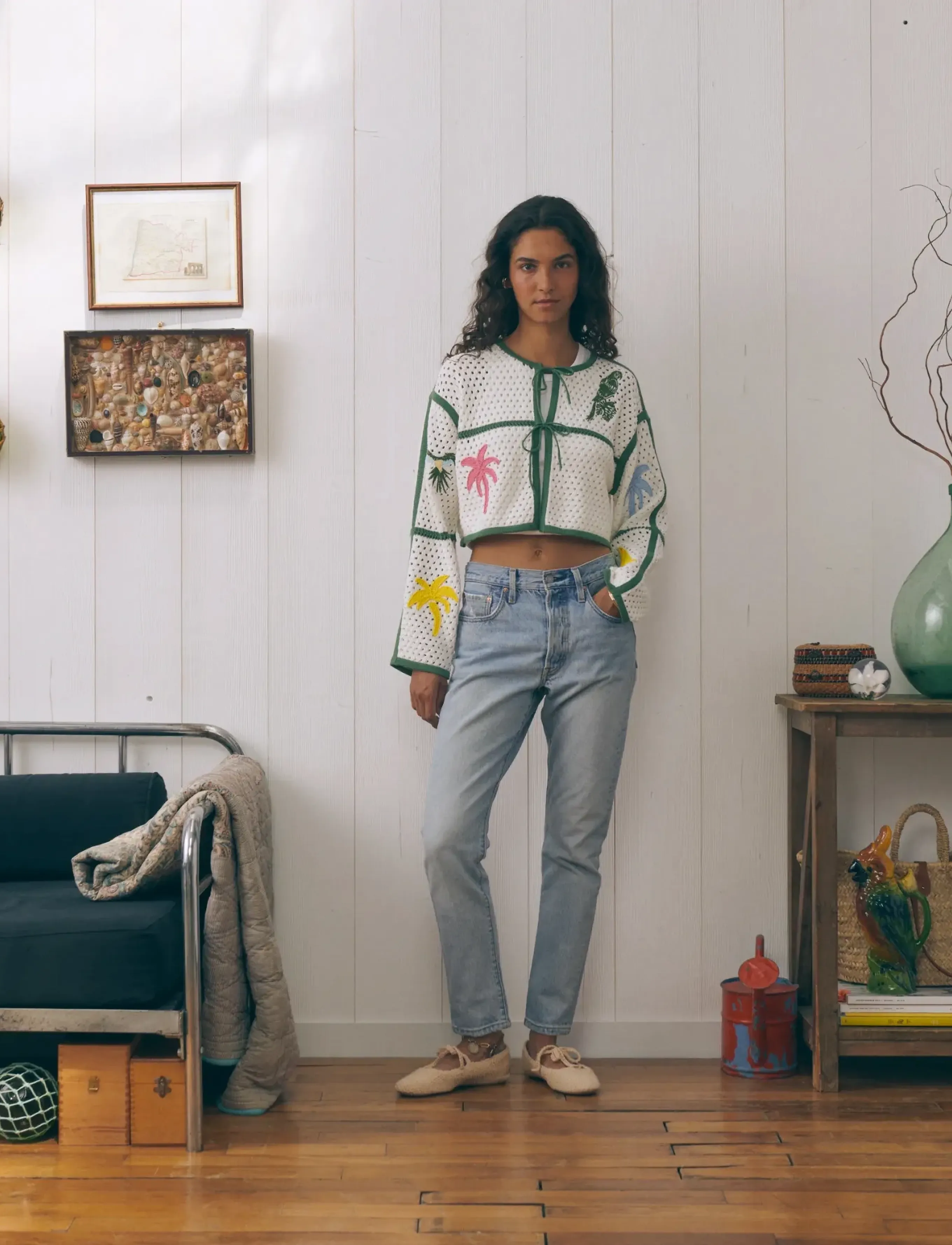 Maison Labiche Cesbron Parrot Palm, Kvinder, Kort Hæklet Cardigan Med Bindebånd, Hvid, Str: M/L