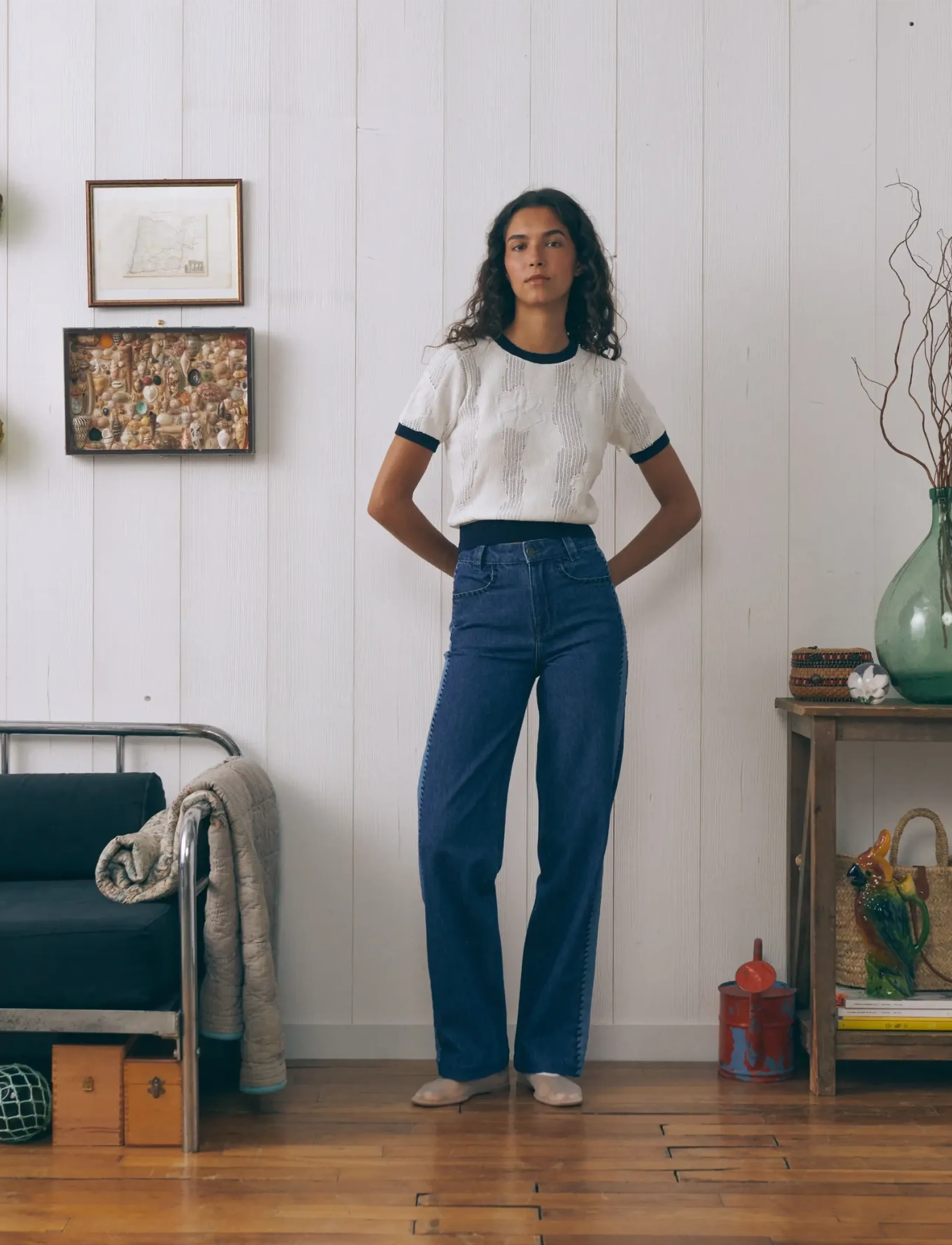 Maison Labiche Gravilliers Flowers, Kvinder, Strikket T-Shirt, Hvid, Str: M/L