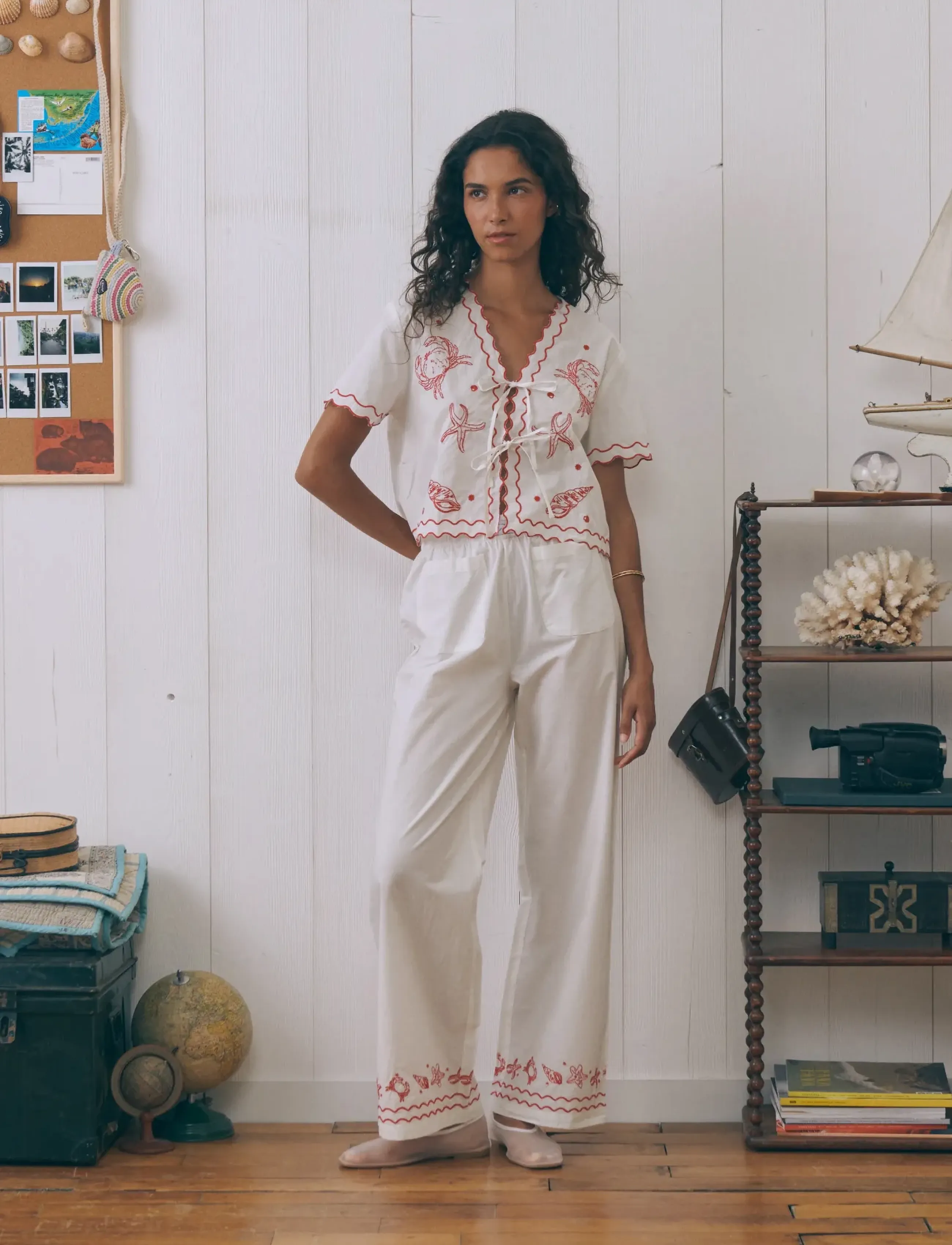 Maison Labiche Oudin Seashells, S, Trousers, Weiß - Wide Leg, Frauen