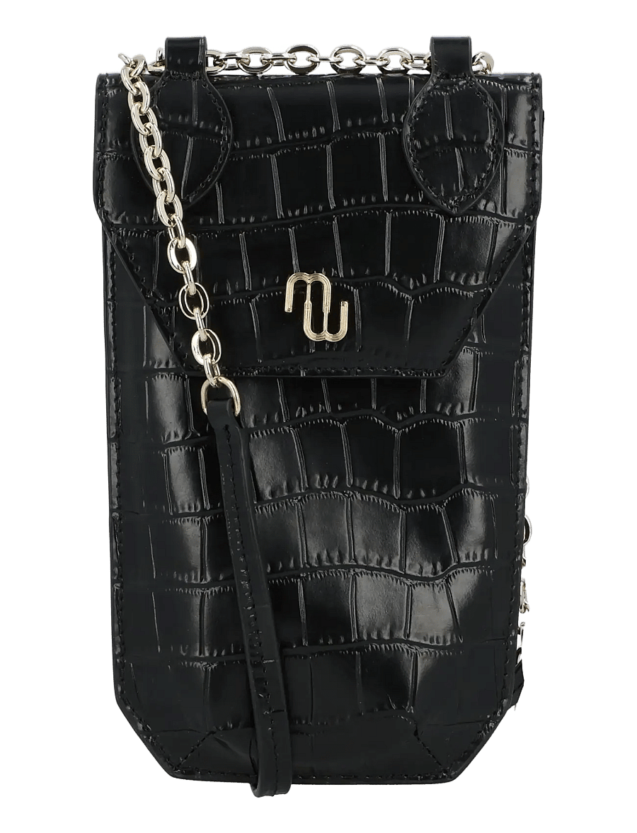 Maje - Croco embossed leather phone holder - crossbody bags - black - 0