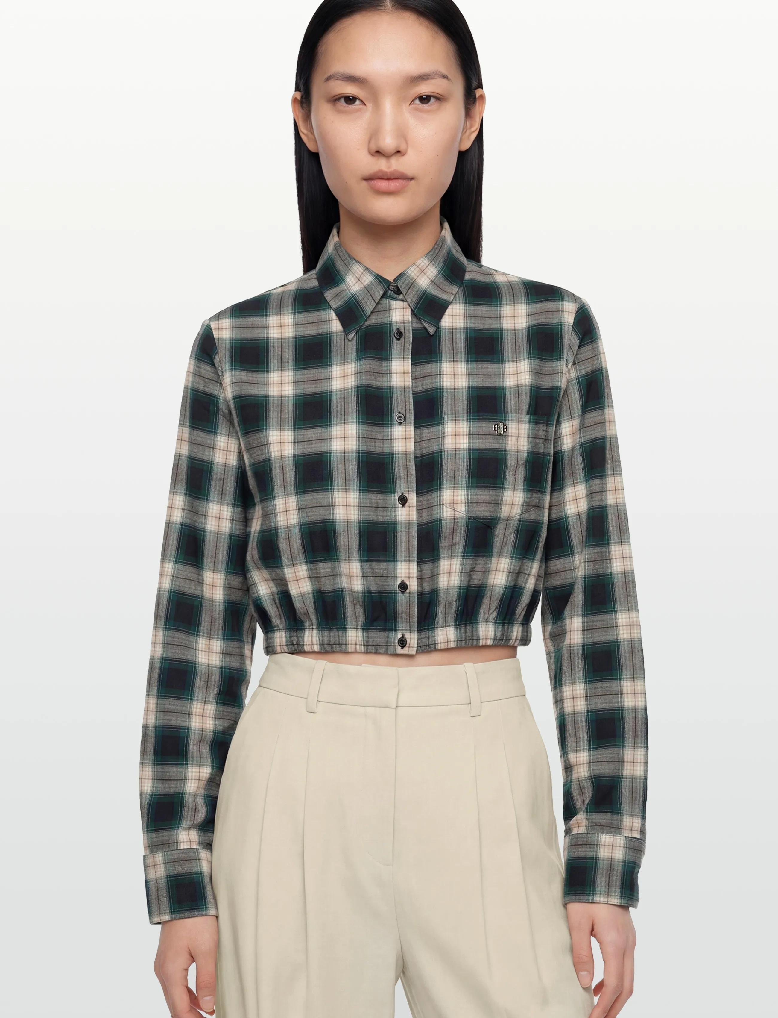 Maje - Cropped Cotton Shirt - long-sleeved shirts - green - 3