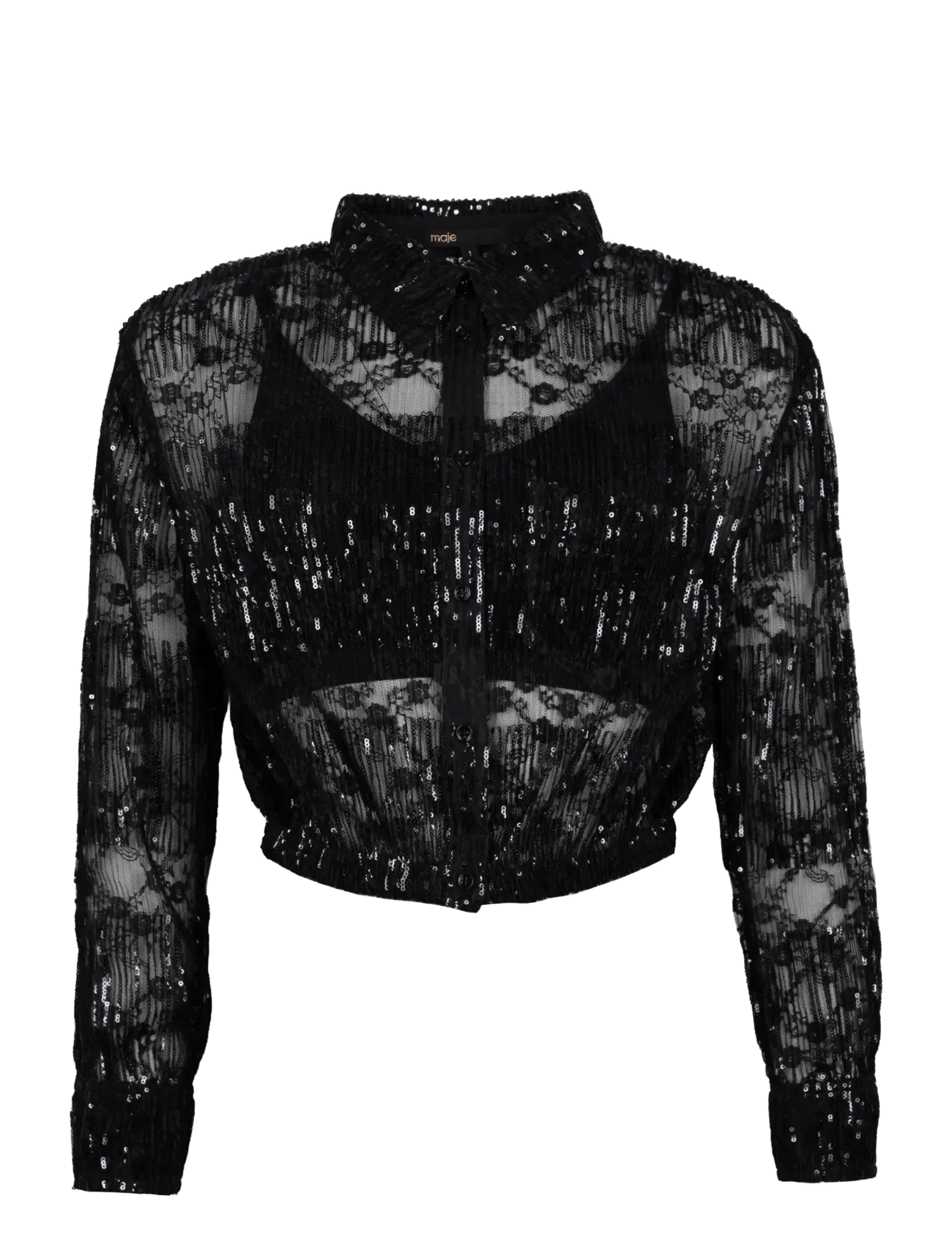 Maje Pleated Lace Cropped Shirt, Kvinder, Plisseret Blonde Kort Skjorte, Sort, Str: 40