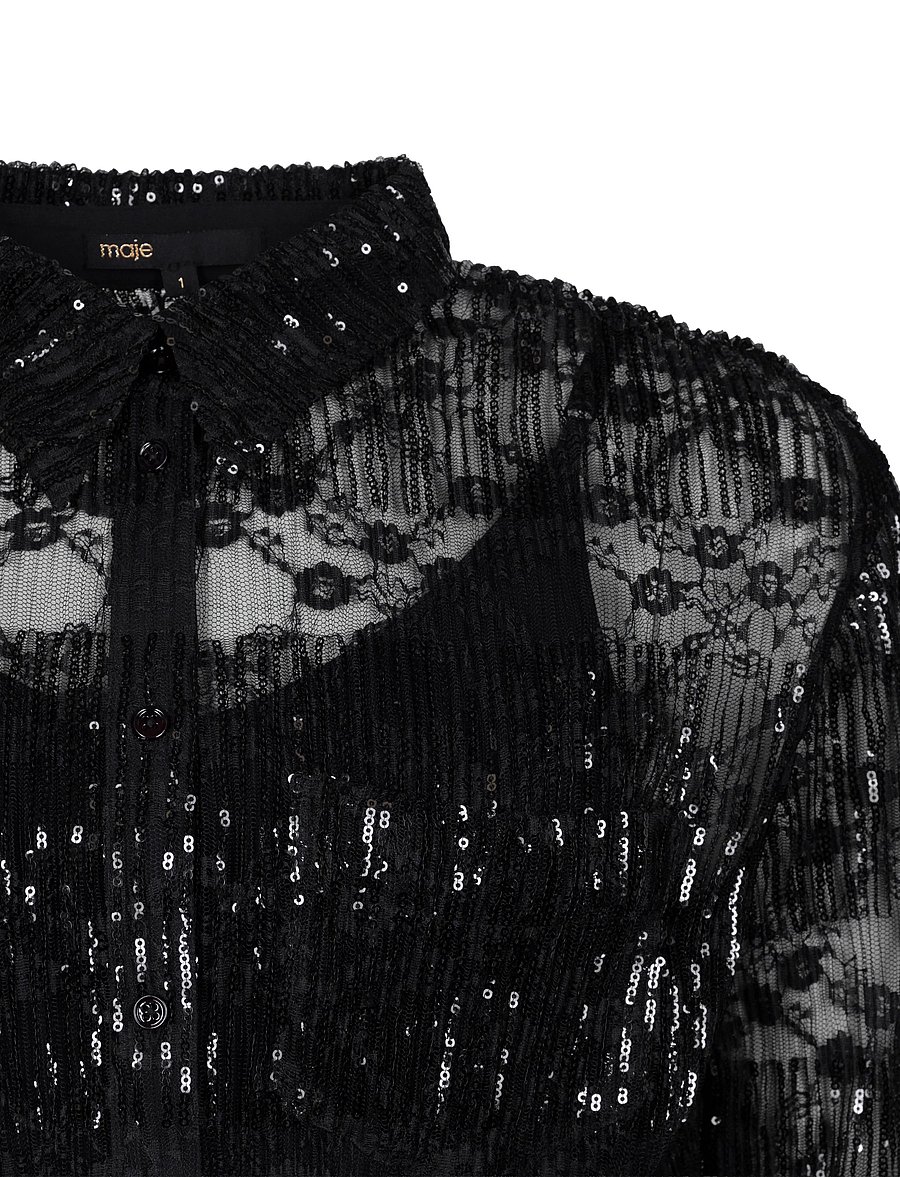 Maje - Pleated lace cropped shirt - long-sleeved shirts - multicolored - 2