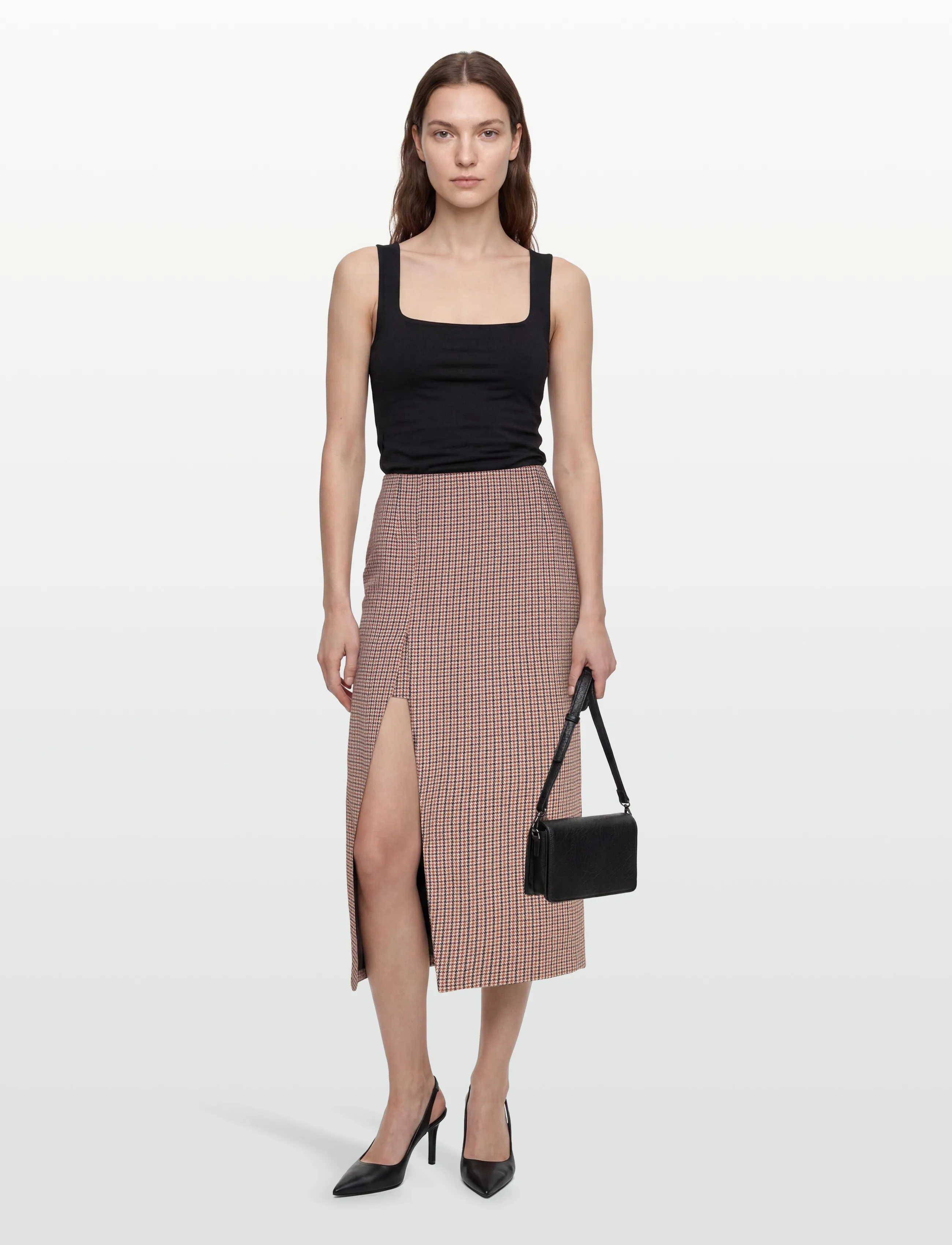 Maje Midi skirt with houndstooth slit - Seelikud - CAMEL / brown