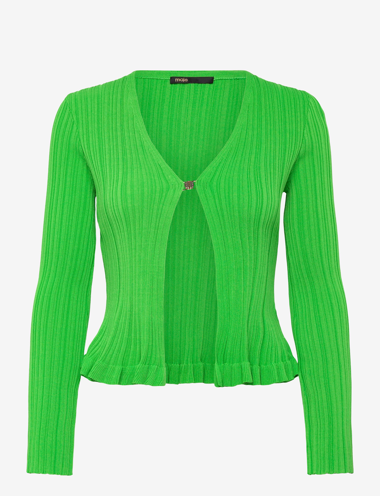 Maje - Ribbed and ruffled knitted cardigan - cardigans - green - 0