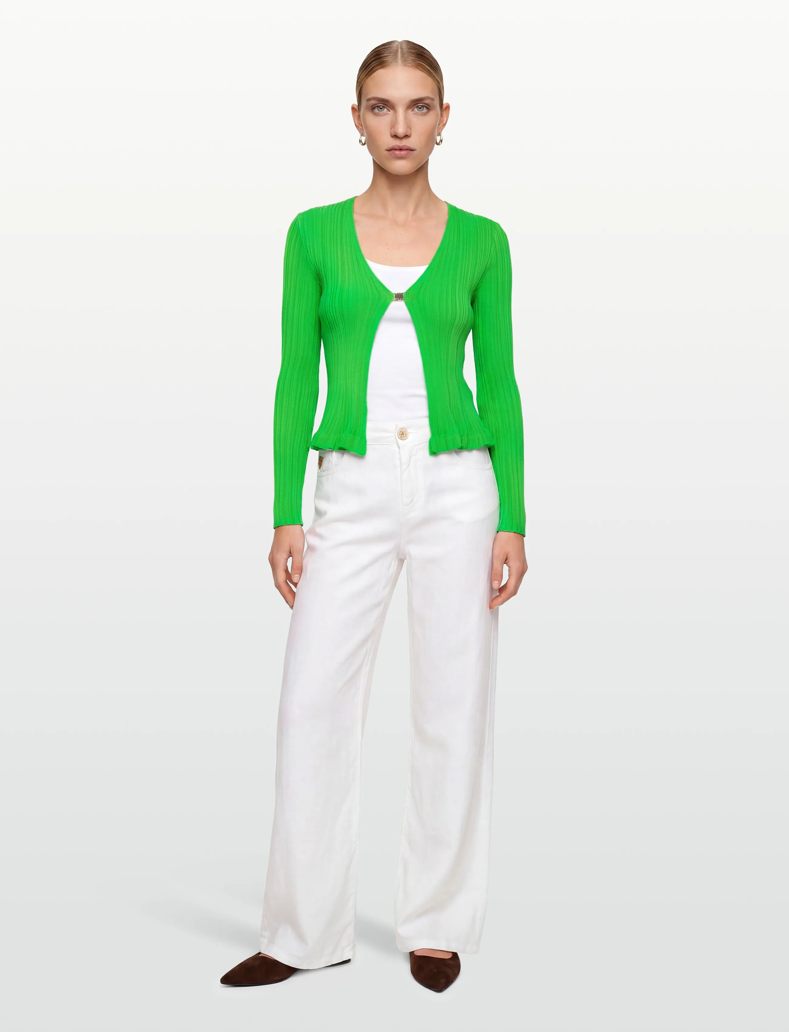 Maje Ribbed And Ruffled Knitted Cardigan, 40, Knitwear, Grün - Cardigans, Frauen
