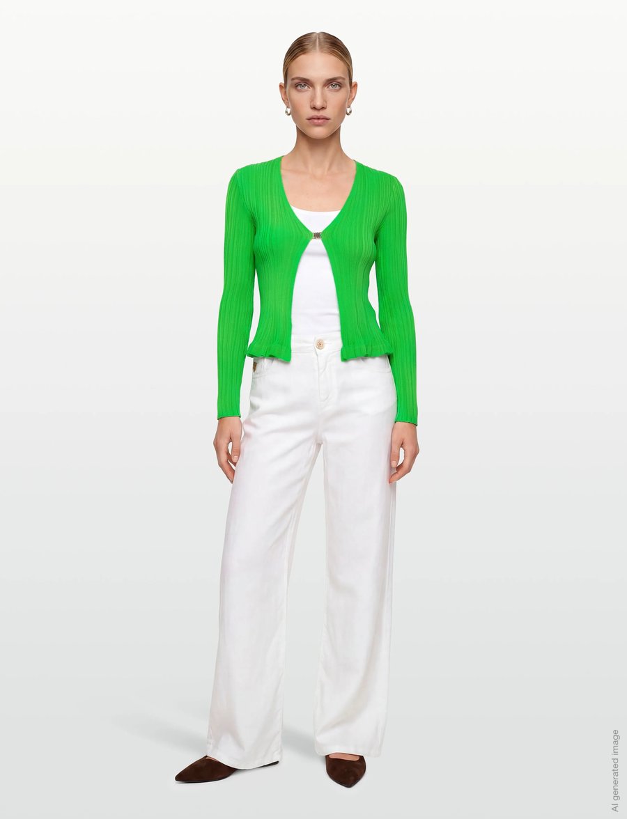 Maje - Ribbed and ruffled knitted cardigan - strickjacken - green - 0