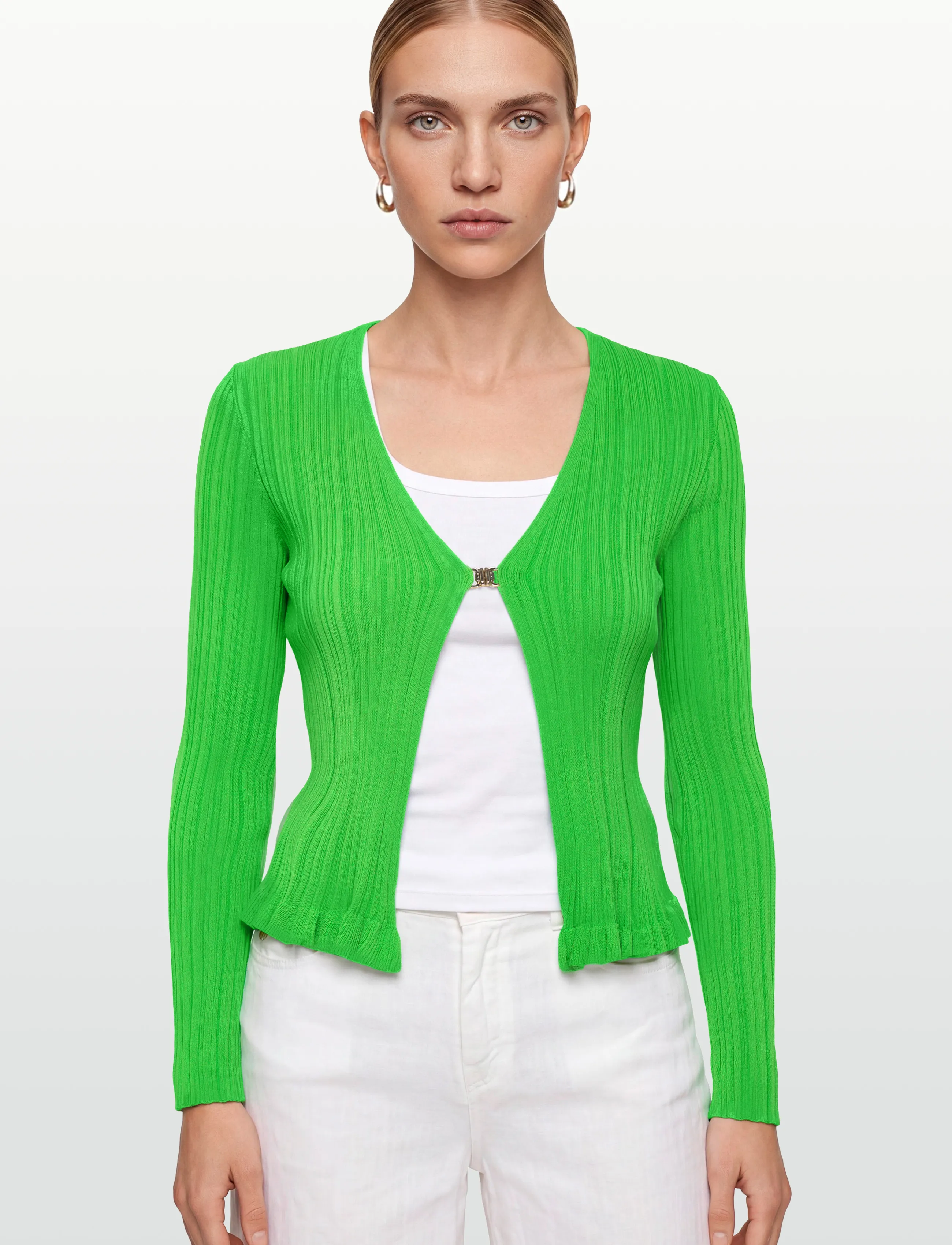 Ribbed And Ruffled Knitted Cardigan 2