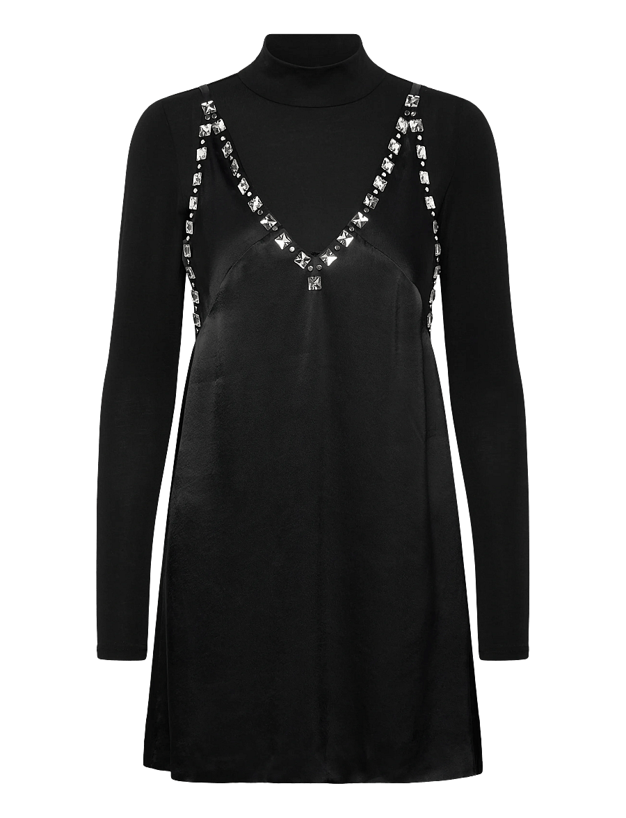 Maje - Black satin dress with jeweled straps - schlupfkleider - black - 0