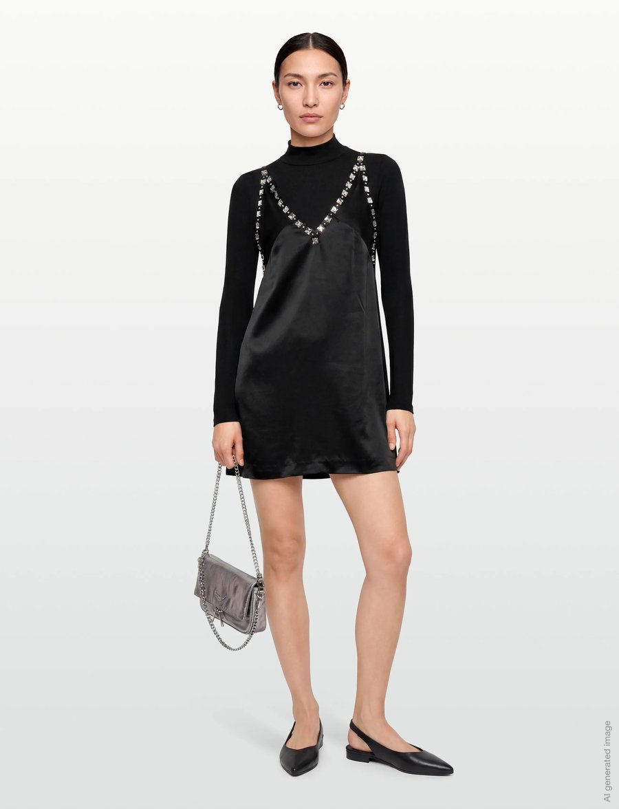 Maje - Black satin dress with jeweled straps - schlupfkleider - black - 0