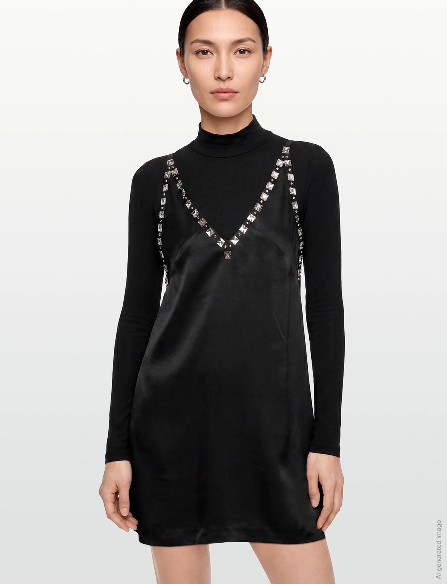 Maje - Black satin dress with jeweled straps - schlupfkleider - black - 5