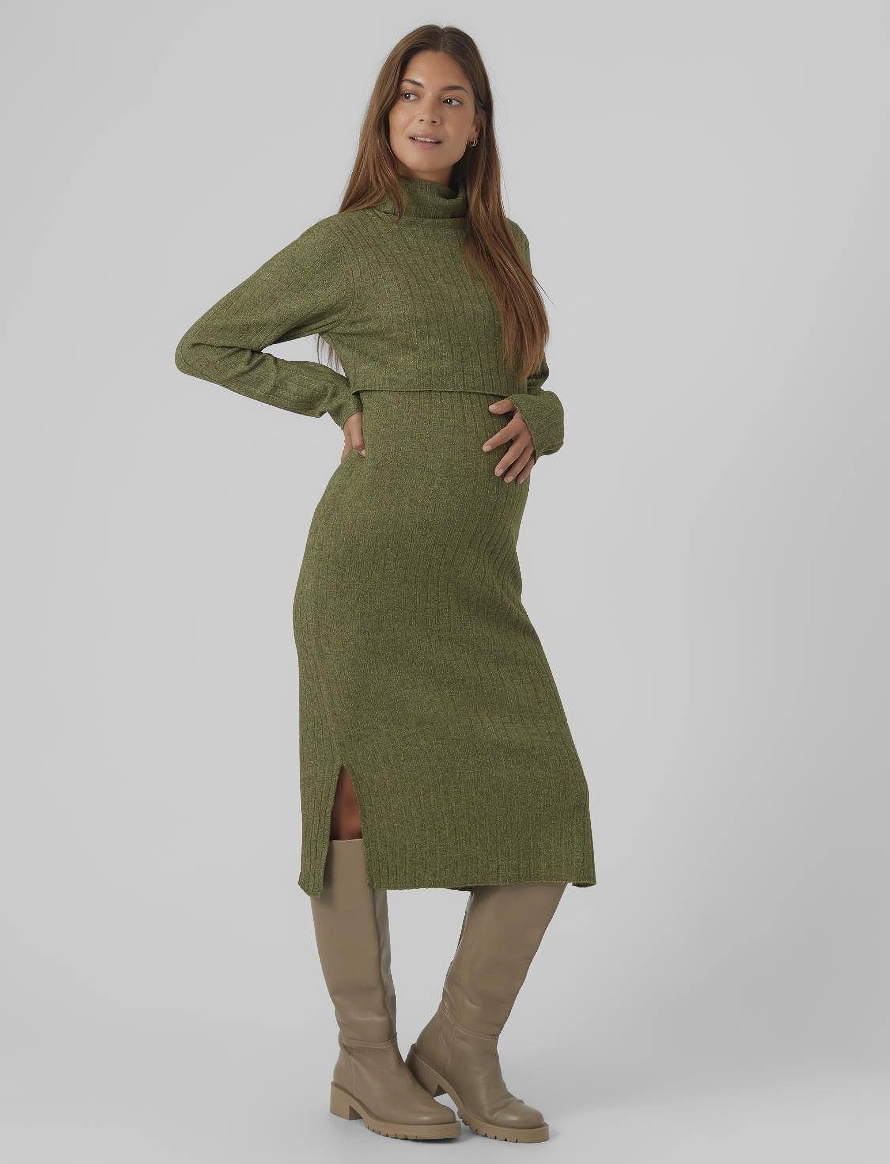 Mamalicious Mlsuniva June Rn Knit Midi Dress 2F Noos, Kvinder, Graviditets Langærmet Strik Midi Kjole, Kakigrøn, Str: XXL