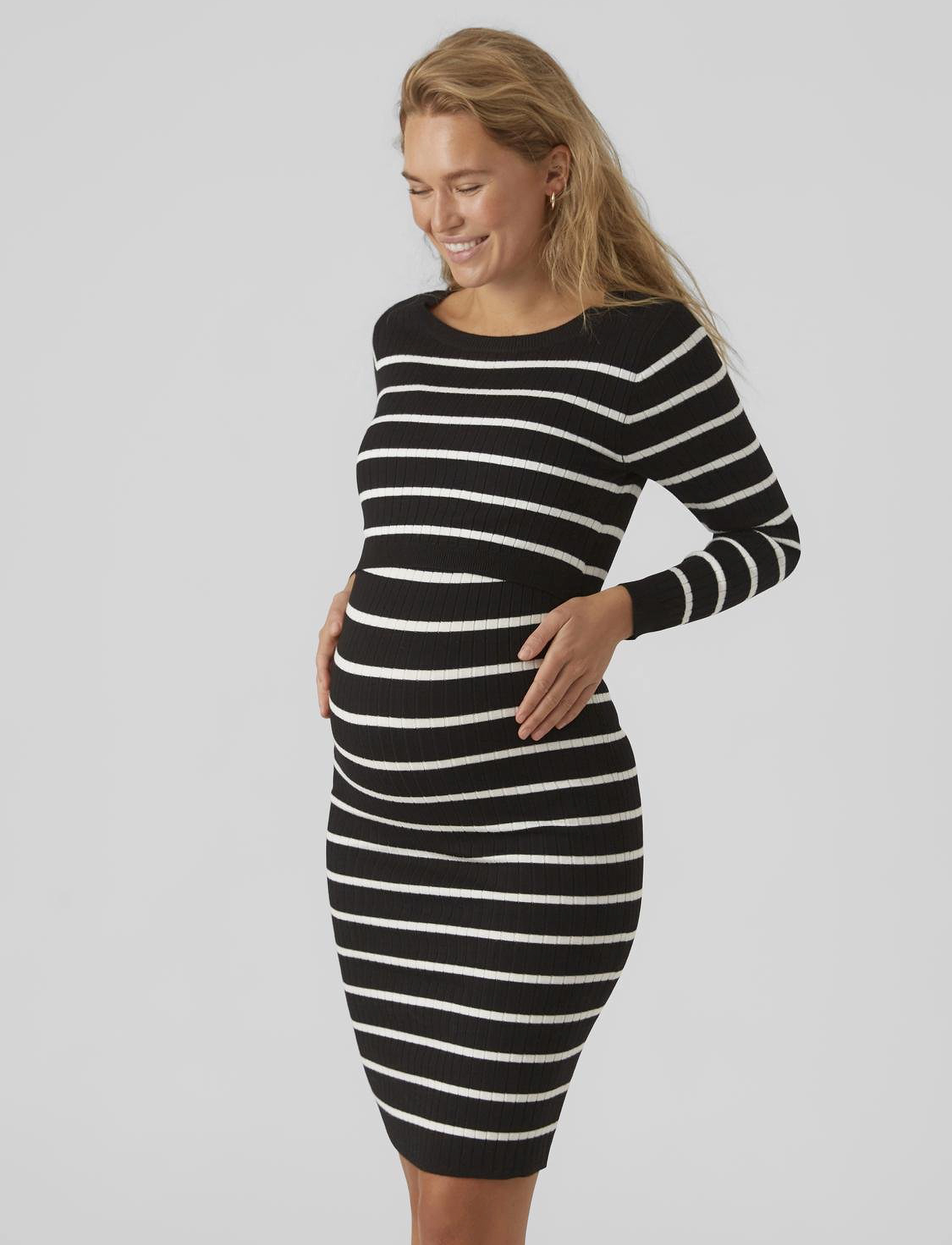 Mamalicious Mlnewsiv June Ls Uk Knit Dress 2F A Noos, Kvinder, Langærmet Stribet Ventestrikkjole, Sort, Str: XXL