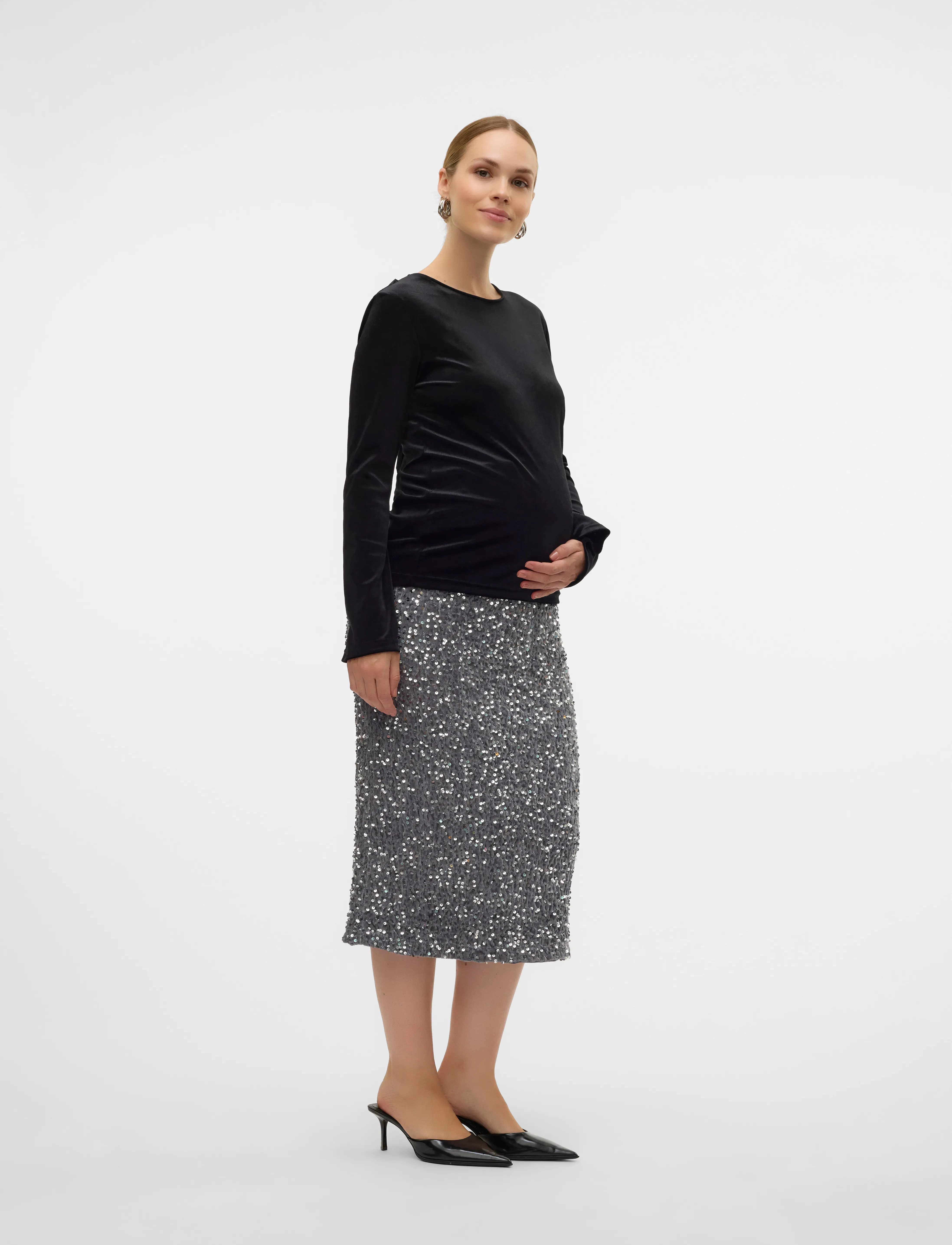 Mamalicious Mlglitter Jrs Skirt Hw, Kvinder, Højtaljet Paillet Maxi Nederdel, Sølv, Str: S