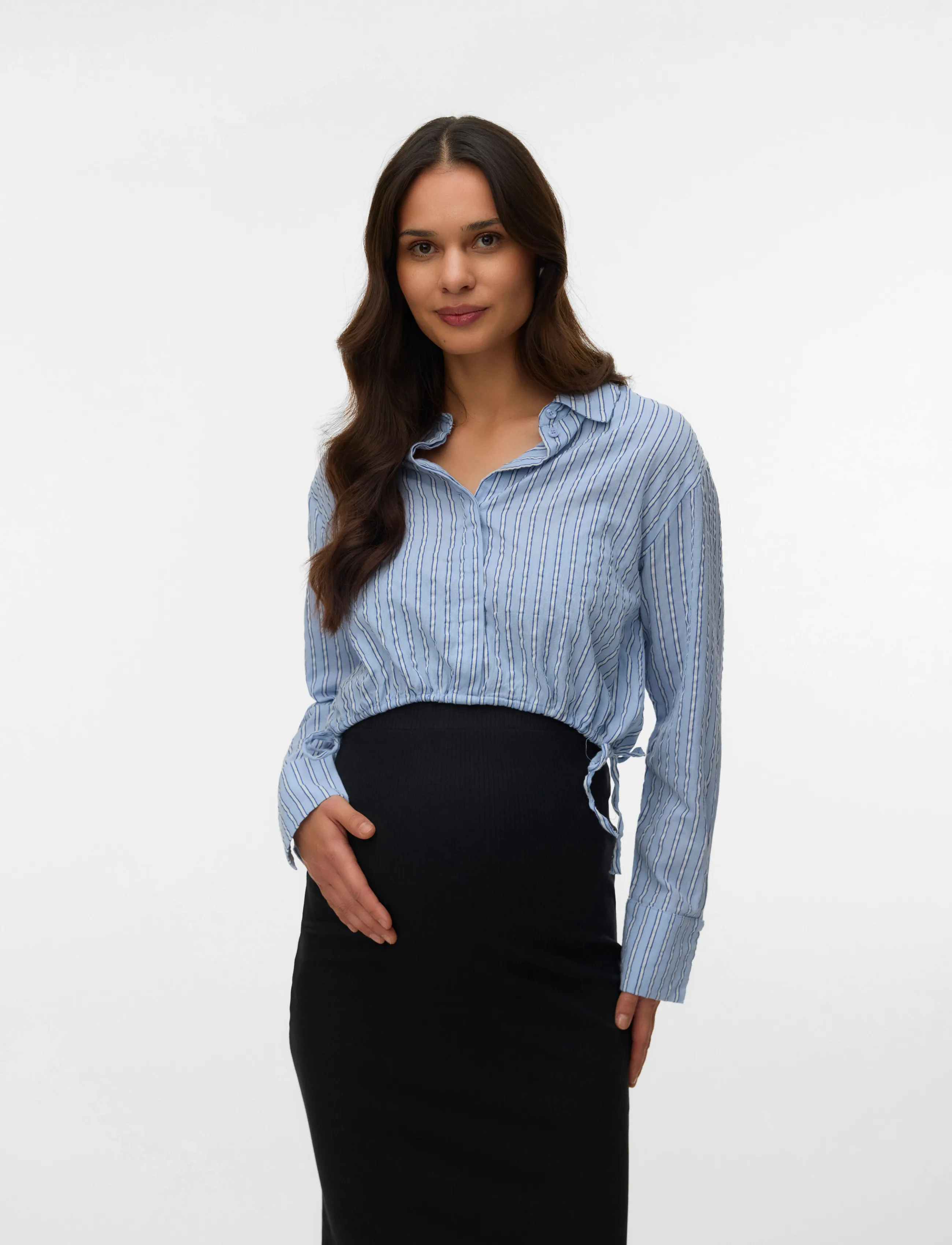 Mamalicious mlasta Lia L/S Wo Short Shirt 2F, M, Blue, Crop Overdele > Crop Overdele Med Lange Ærmer, Dame