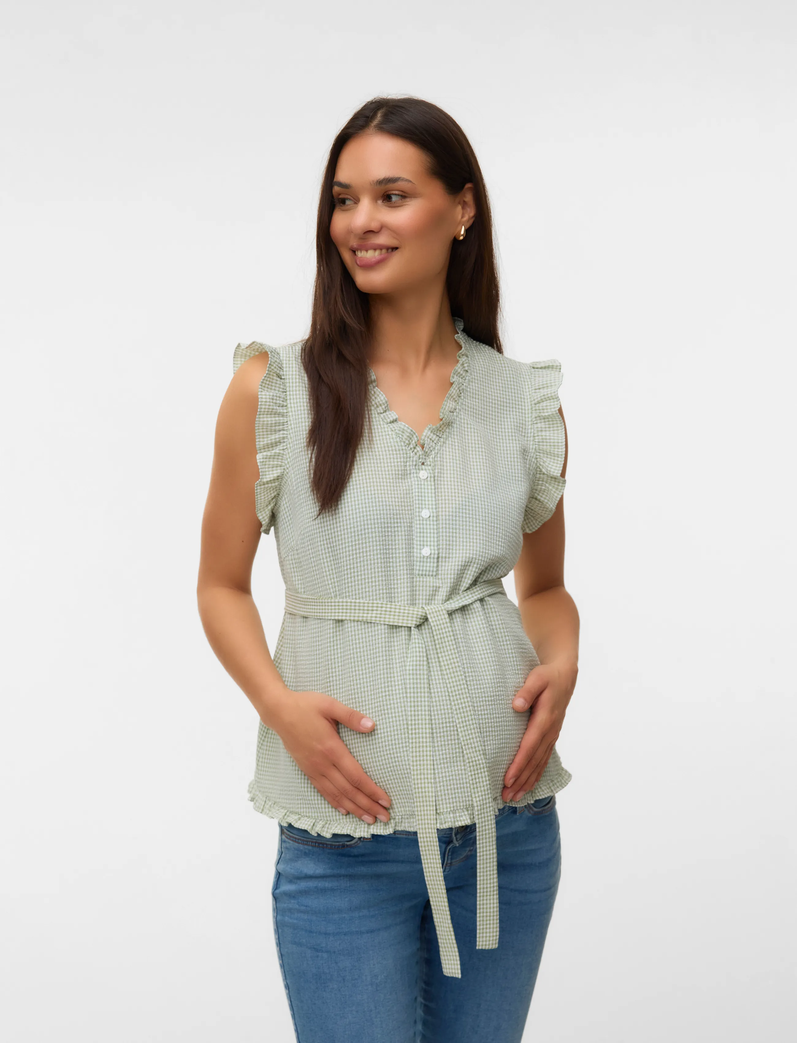 Mamalicious Mlems Lia S/L Wo 2F, Kvinder, Ventetøjs Gingham Top Med Flæser Og Bindebånd, Multi/mønstret, Str: L