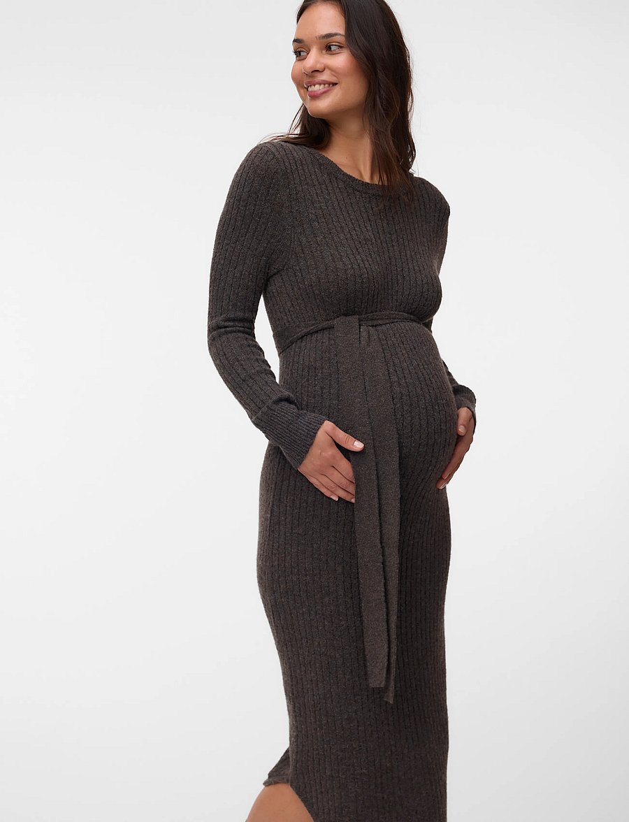 Mamalicious - MLELIN L/S KNIT MIDI DRESS - hot fudge - 0