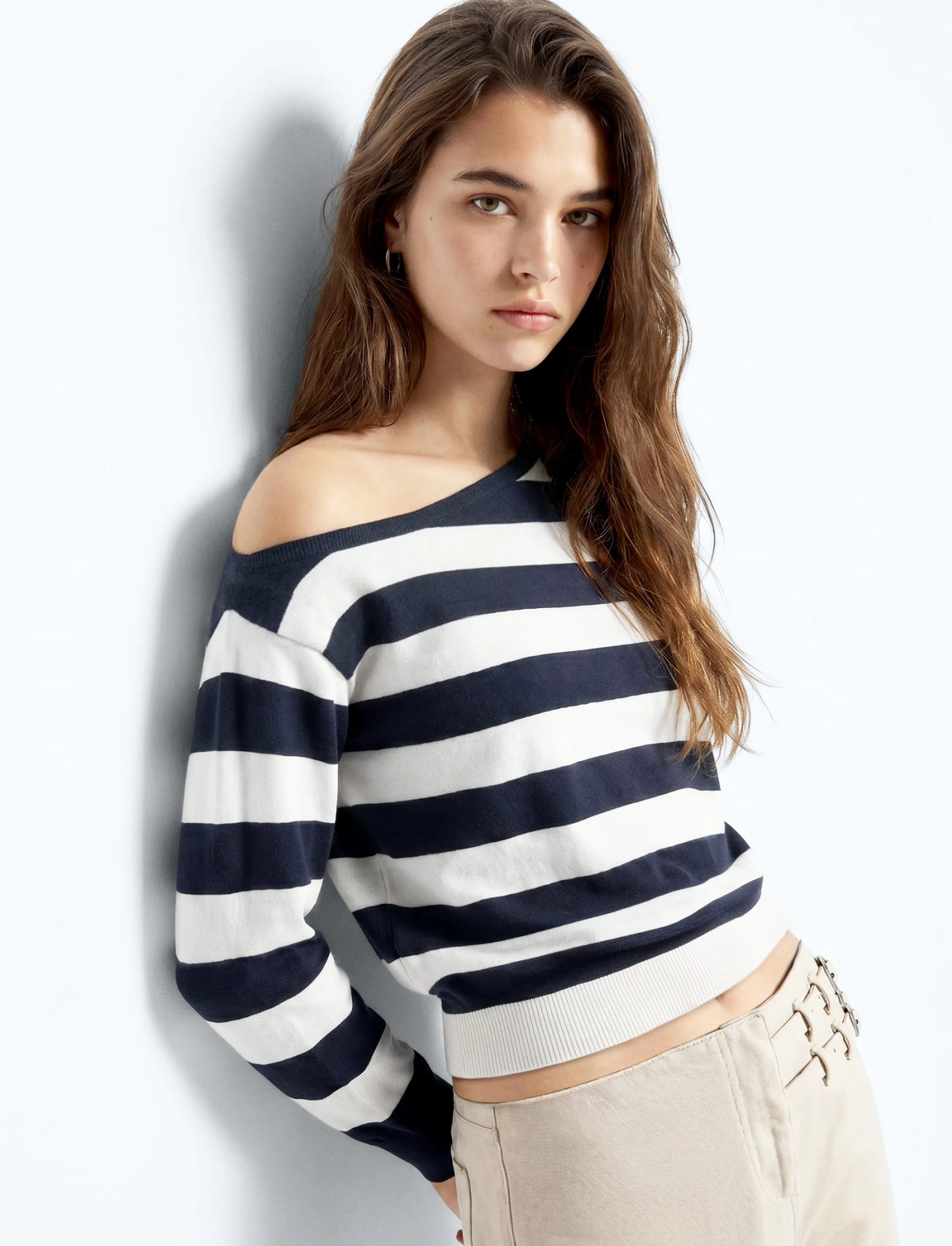 Mango Teen Asymmetric neckline striped jersey - Strik - NAVY / navy