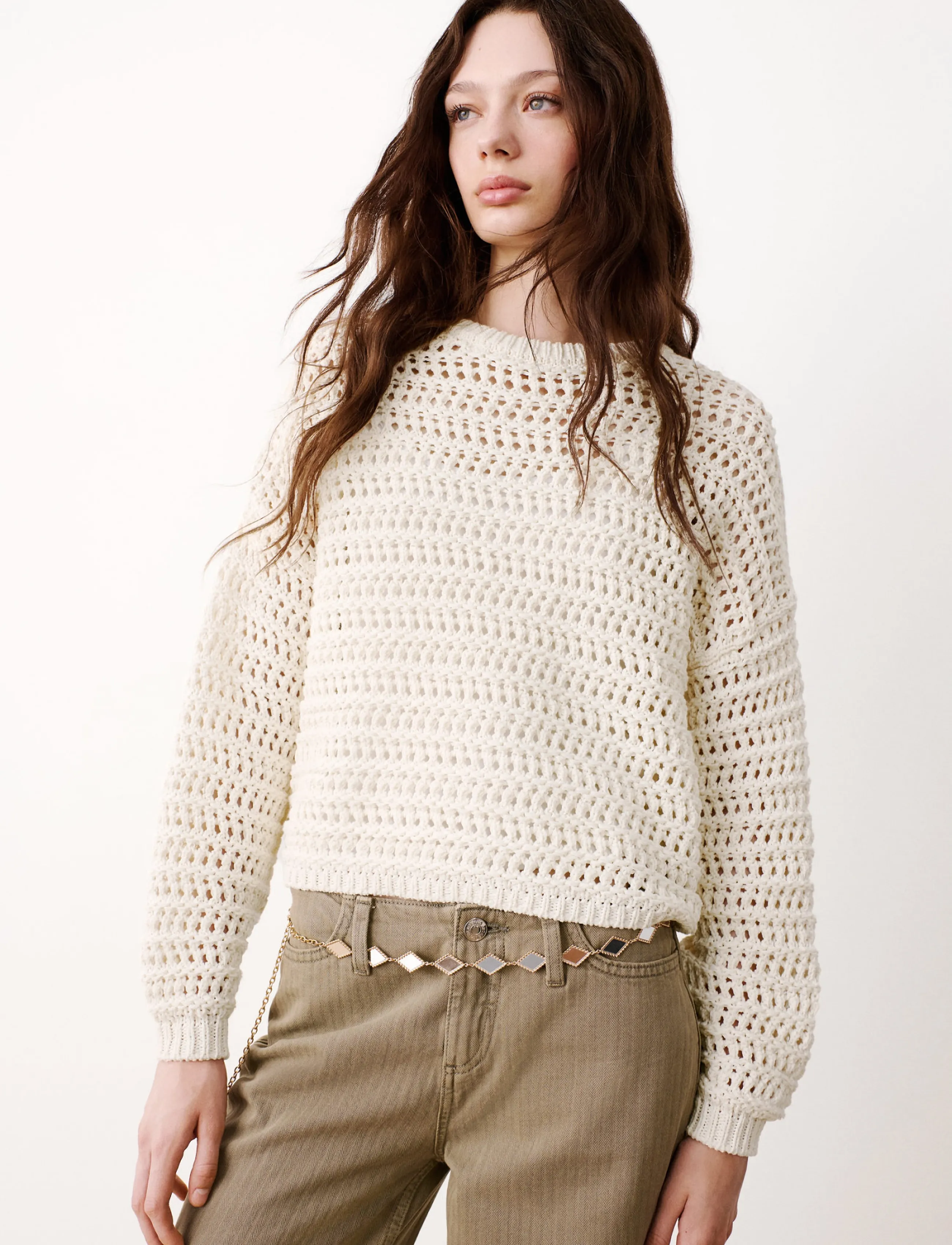 Mango Teen Long-Sleeved Crochet Sweater, Børn, Hæklet Sweater, Cream, Str: L