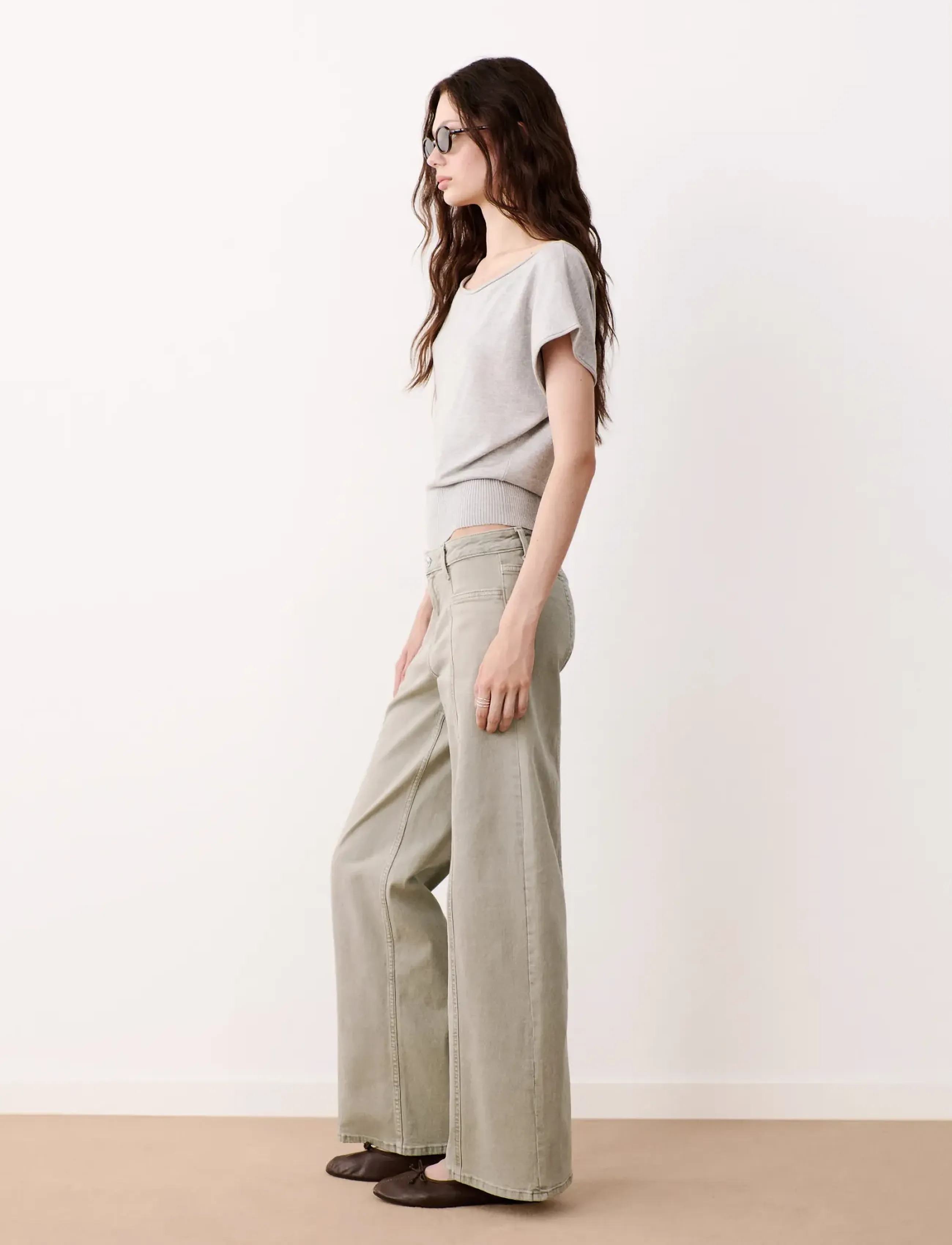 Mango Teen Wide-leg jeans with decorative stitching - Brede jeans - BEIGE - KHAKI / khaki/green