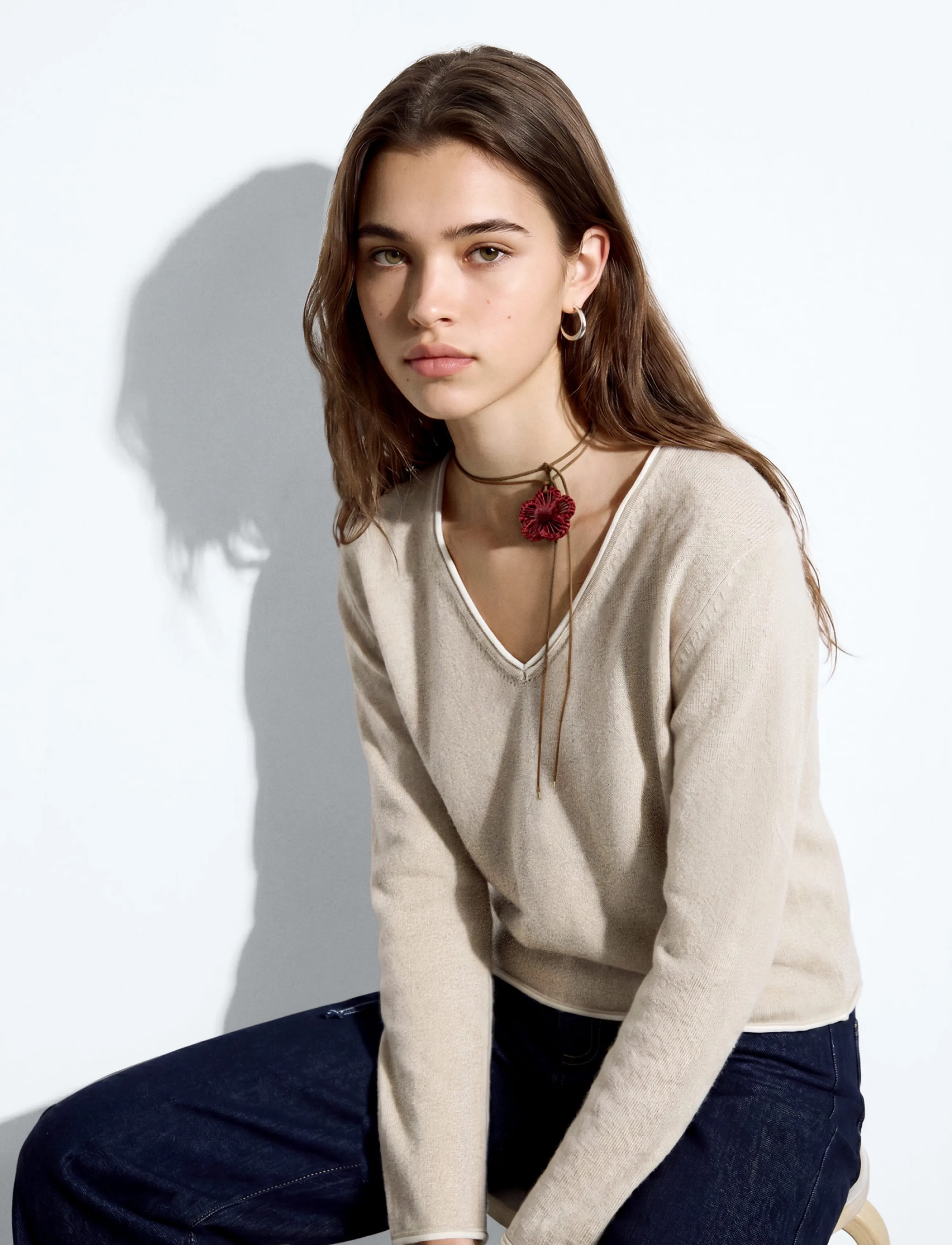 Mango Teen V-neck jumper with contrast trims - Strik - LT PASTEL BROWN / beige