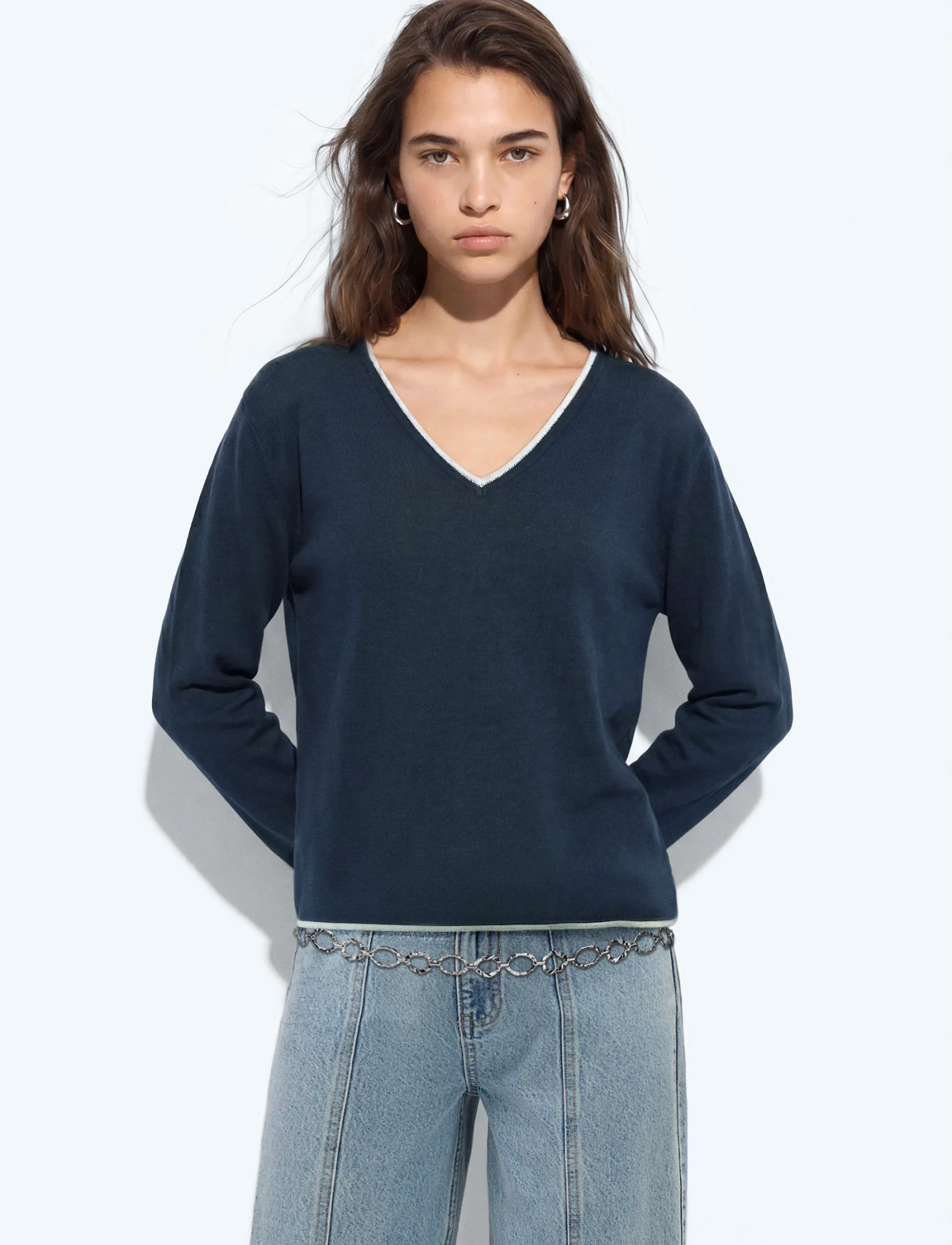 Mango Teen V-Neck Jumper With Contrast Trims, XXS, Knitwear, Marineblau - Pullovers, Kinder