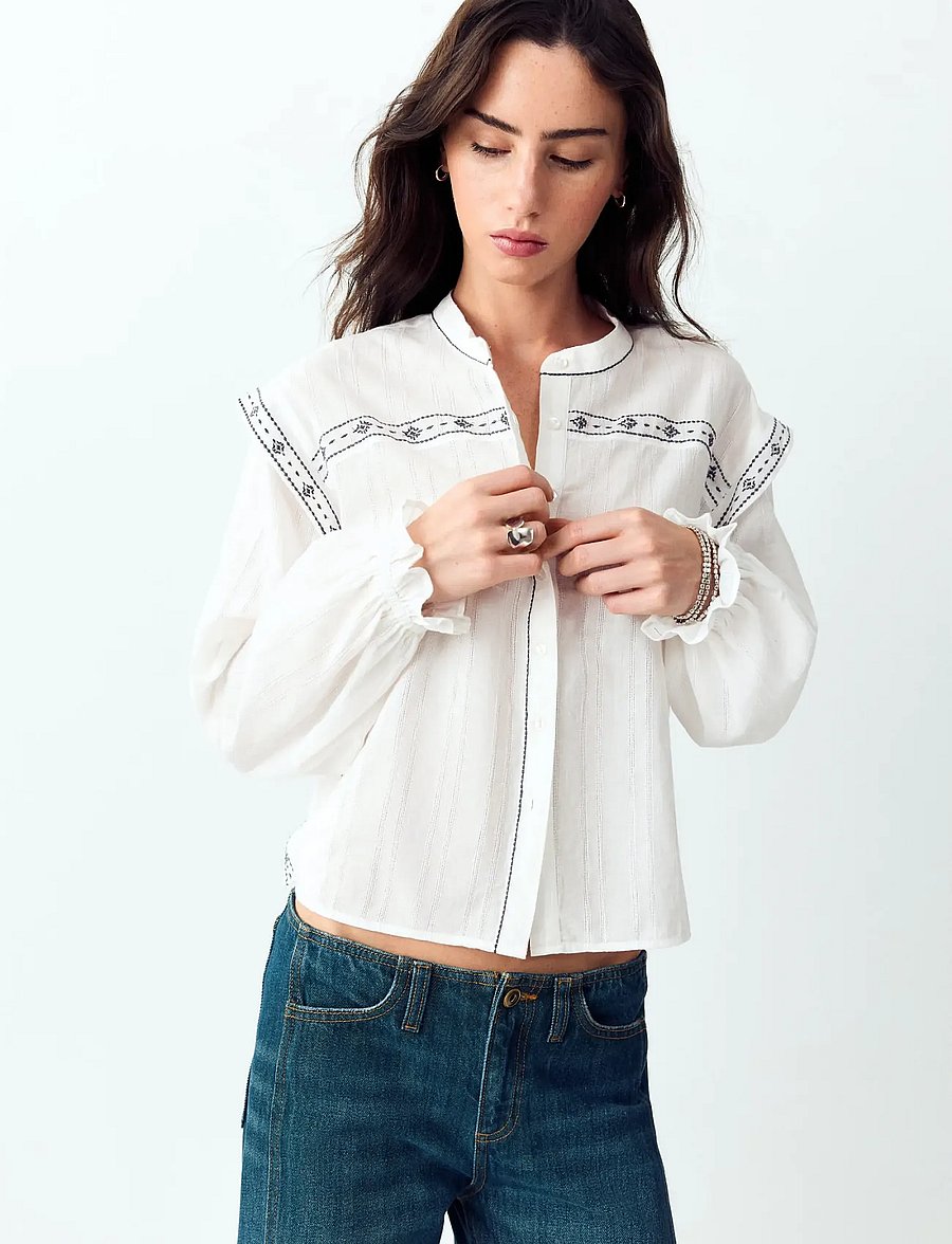 Mango Teen - Blouse with tie-neck and embroidered details - langærmede skjorter - natural white - 0
