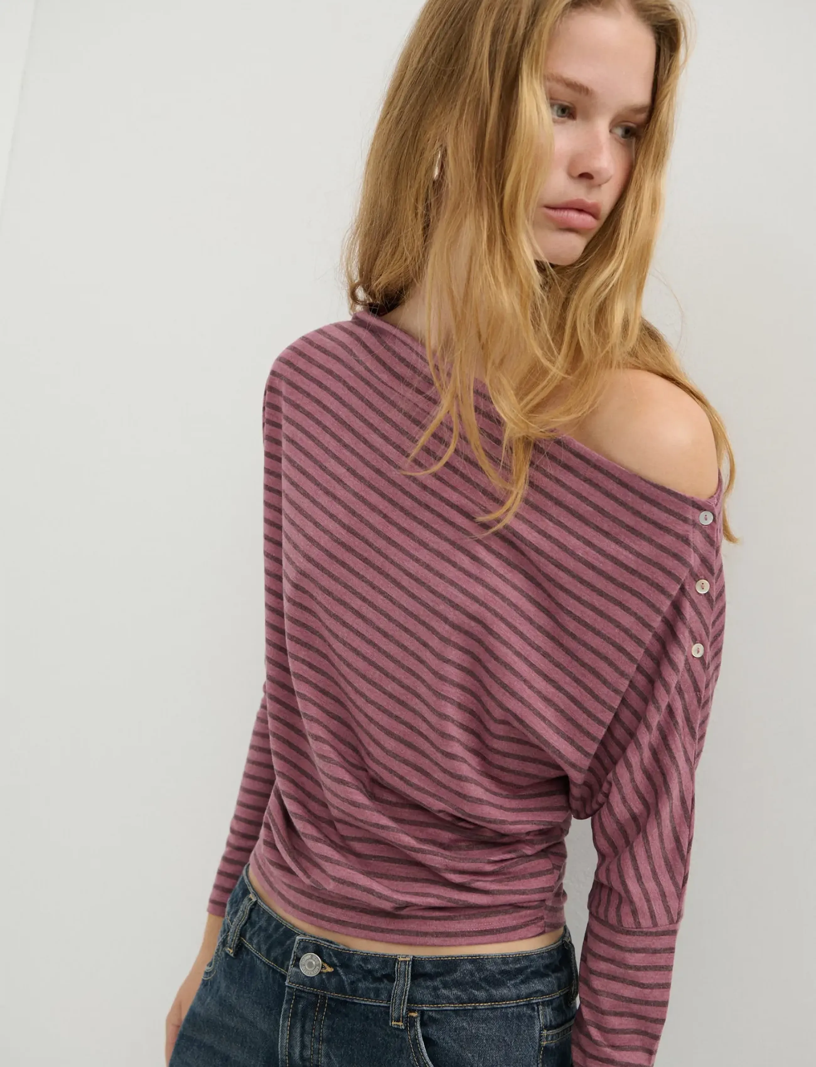 Mango Teen - Striped off-the-shoulder T-shirt - långärmade t-shirts - pink - 0