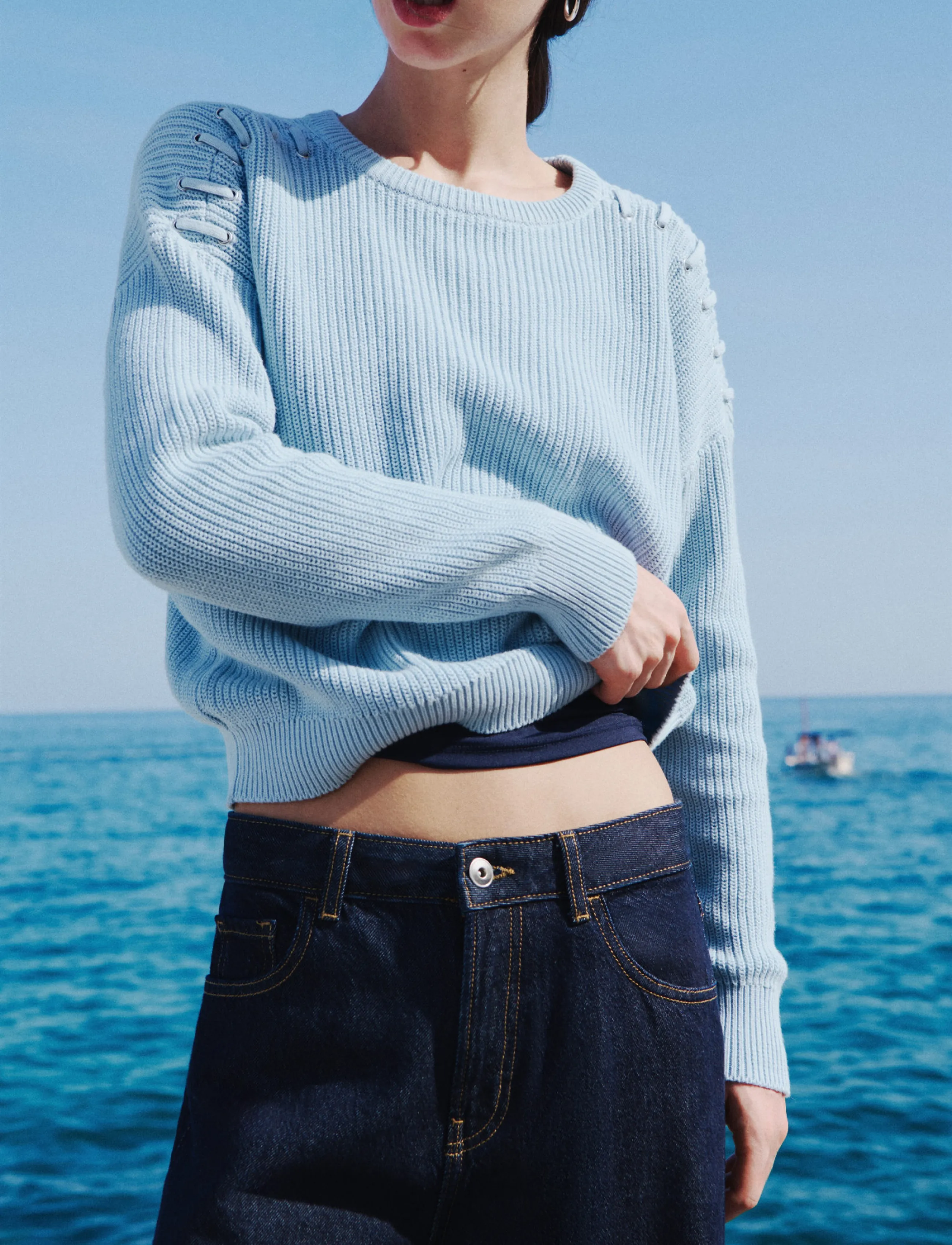 Mango Teen Cotton jersey with eyelet detail - Strik - LT-PASTEL BLUE / blue