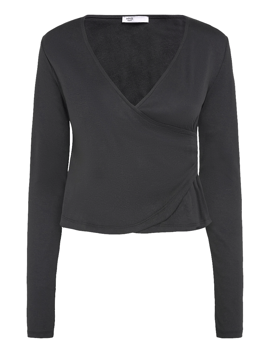 Mango Teen - Ribbed crossover T-shirt - långärmade t-shirts - black - 1