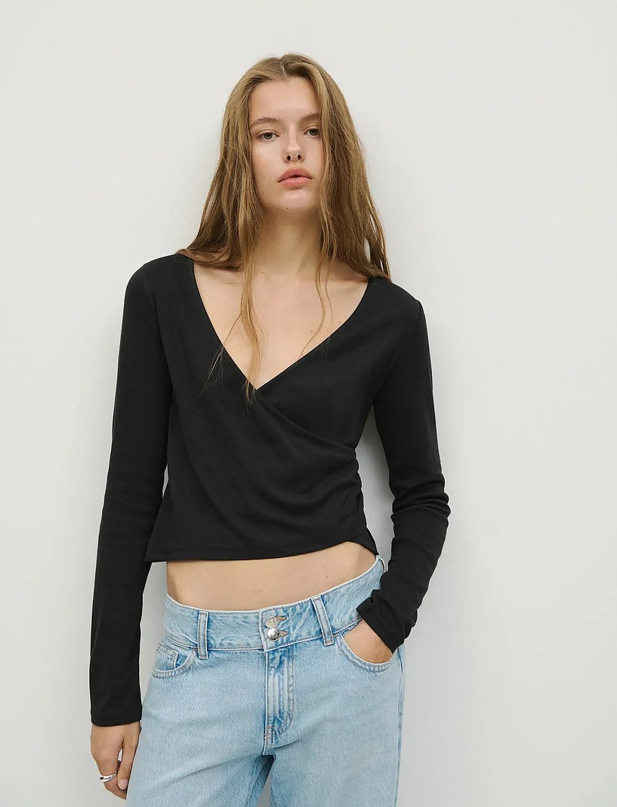 Mango Teen - Ribbed crossover T-shirt - långärmade t-shirts - black - 0