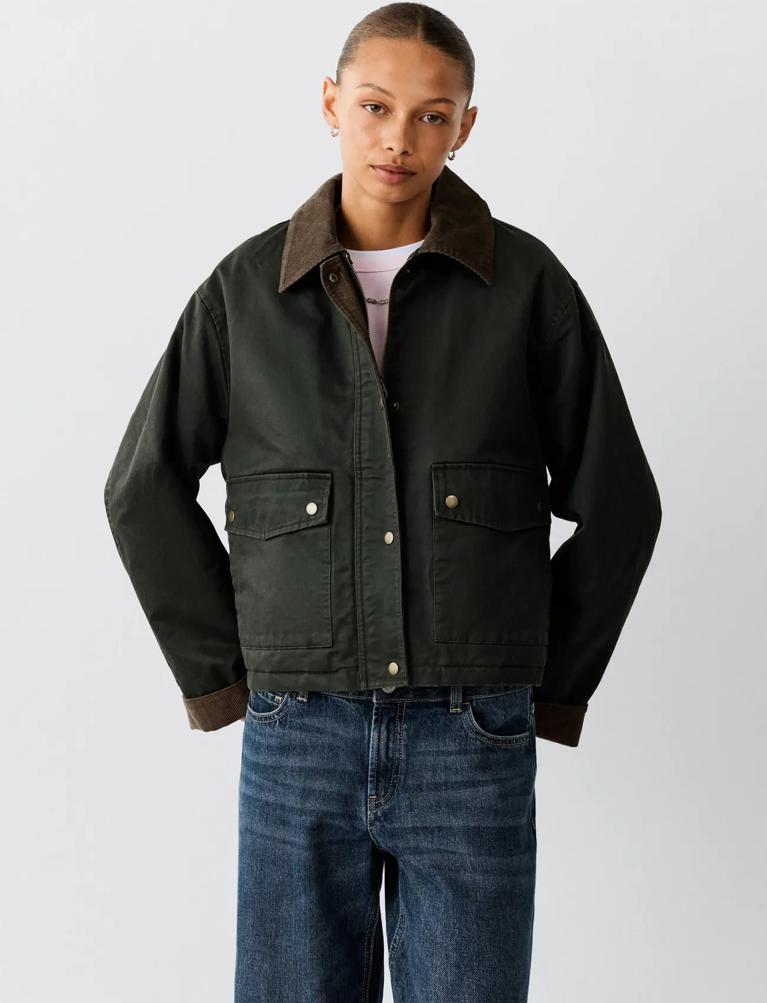 Mango Teen - Cotton parka with corduroy collar - parkas - medium green - 0