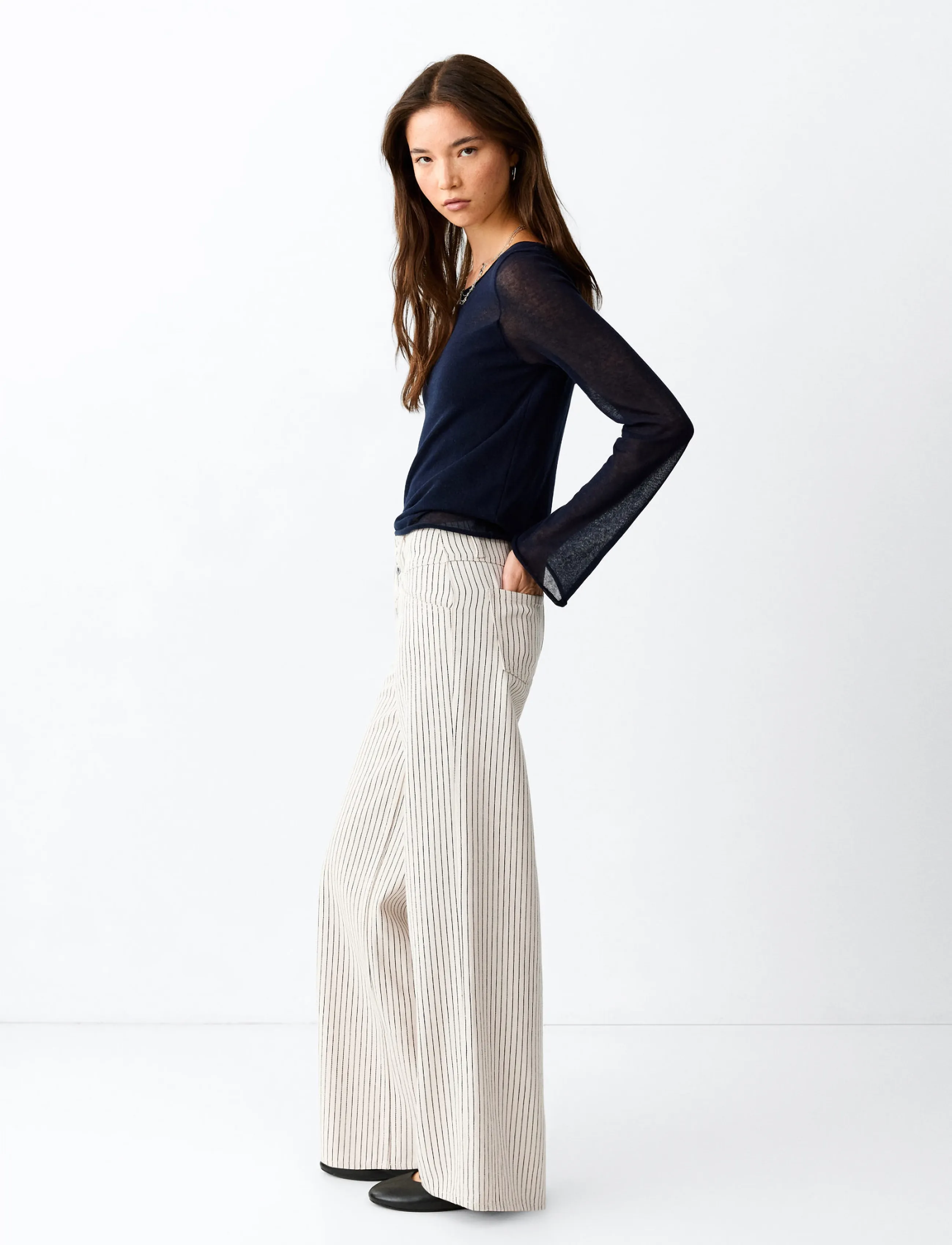 Mango Teen Wide Leg Striped Jeans, 34, Beige - Kinder