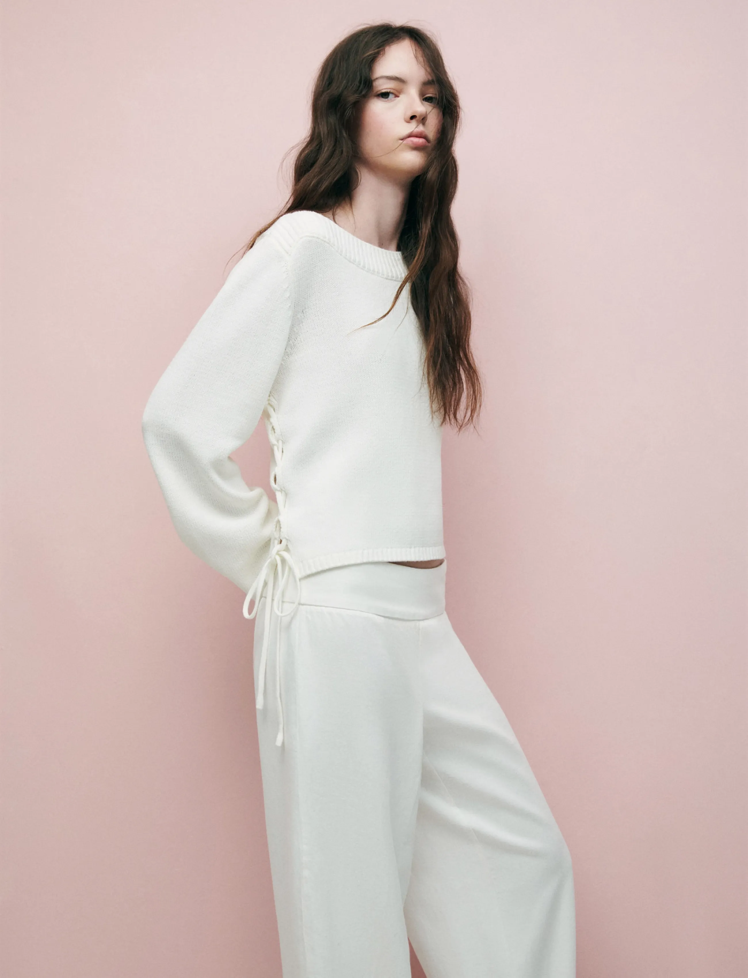 Mango Teen Knitted sweater with tie slits - Strik - NATURAL WHITE / white
