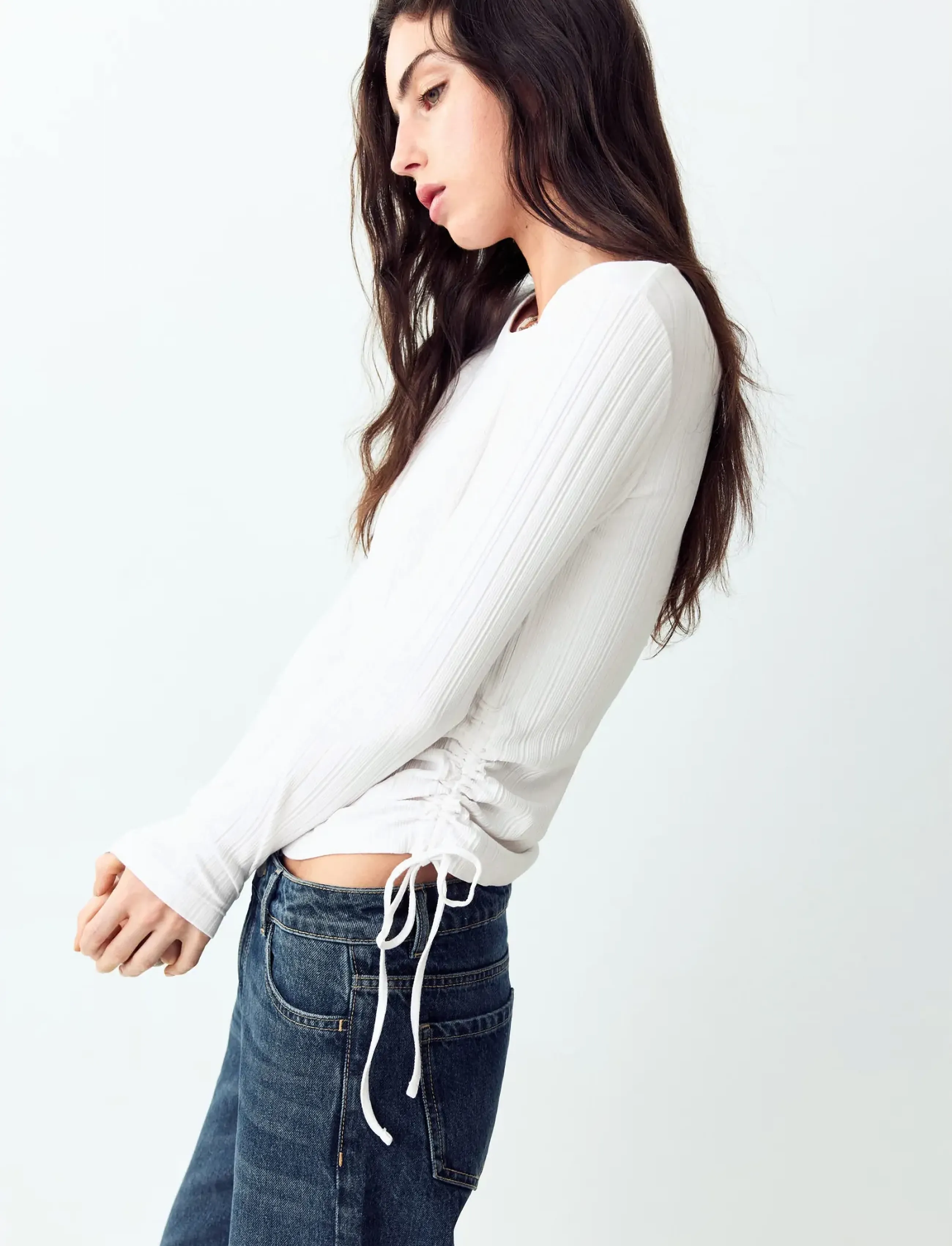 Mango Teen - Ribbed T-shirt with ruched detail - långärmade t-shirts - natural white - 0