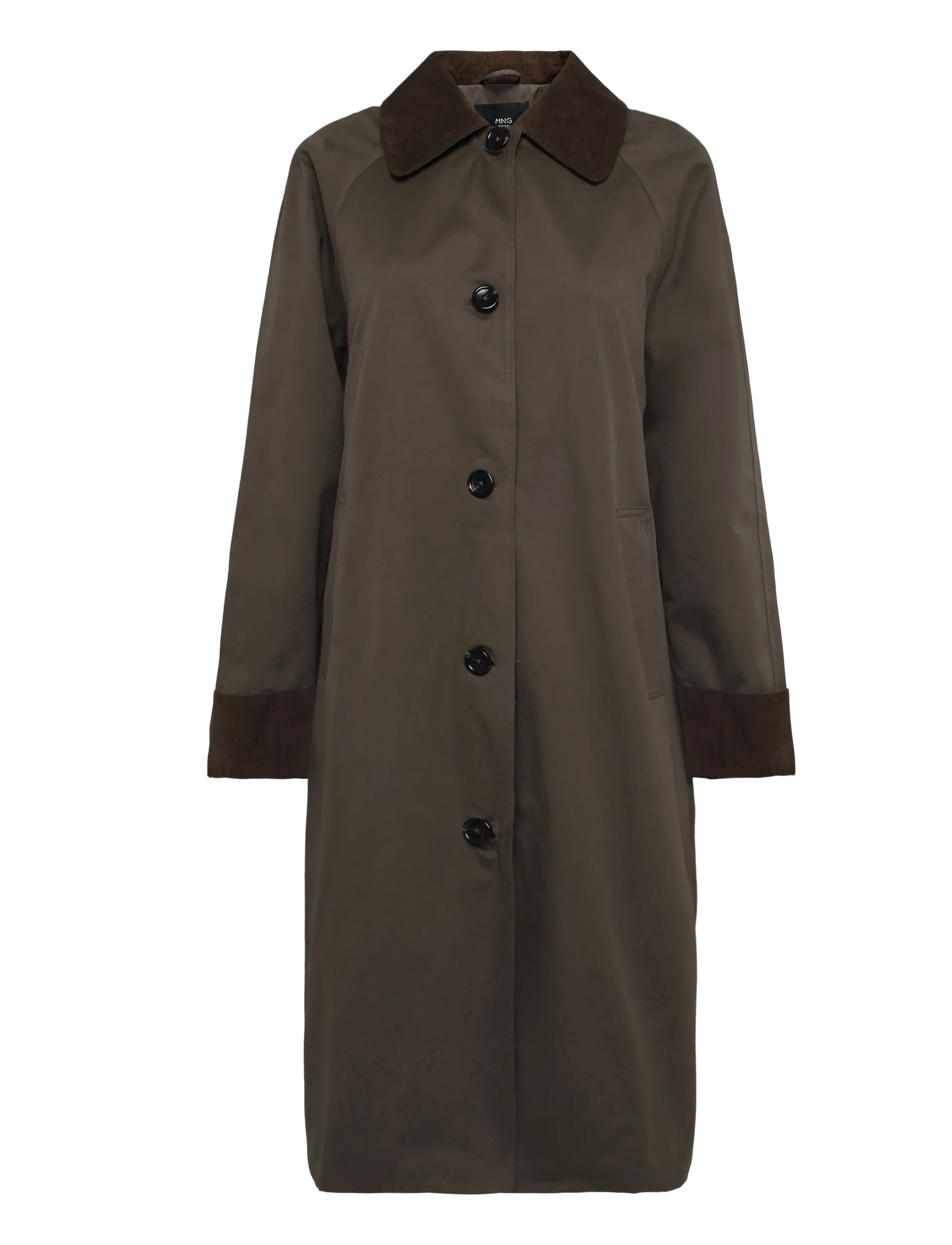 Mango Teen Long cotton trench coat with corduroy collar - Inspiration - DARK GREEN / khaki/green