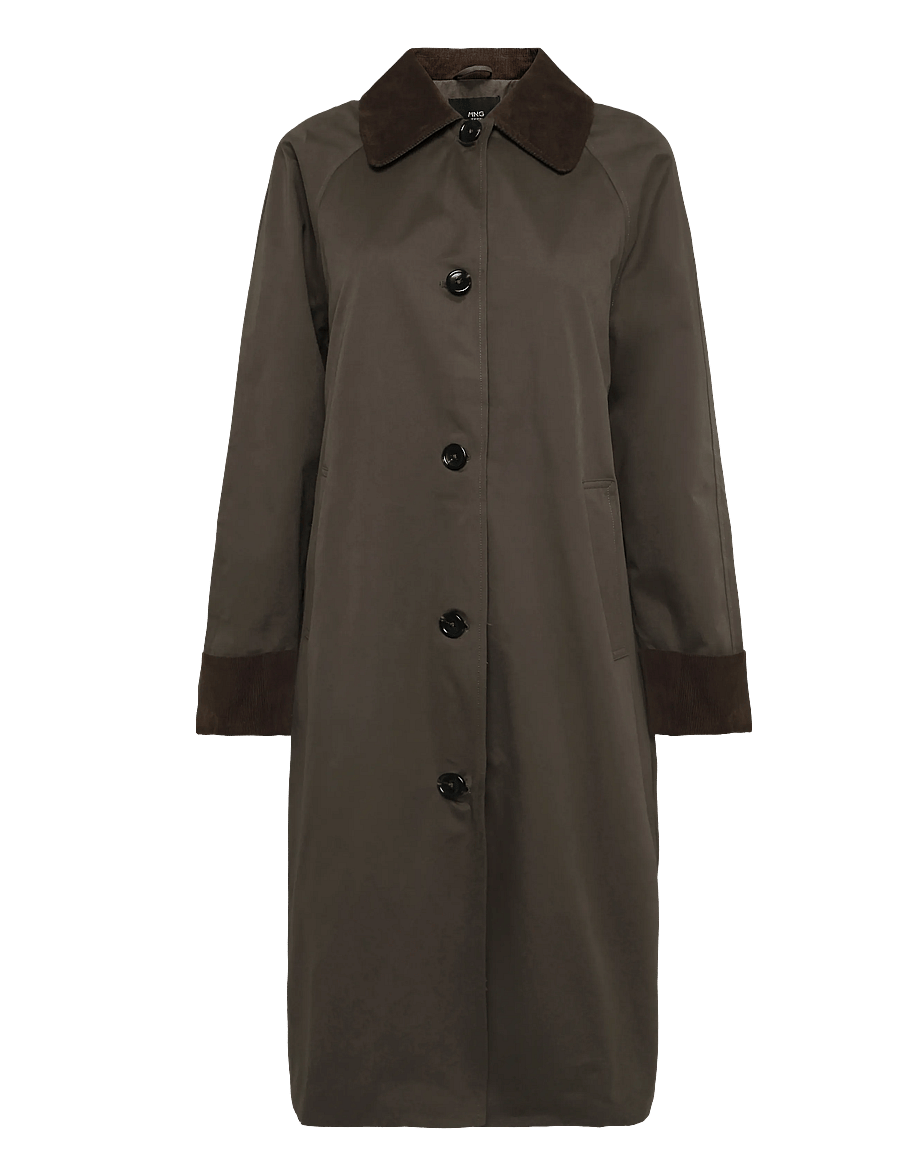 Mango Teen - Long cotton trench coat with corduroy collar - rockar & kappor - dark green - 1