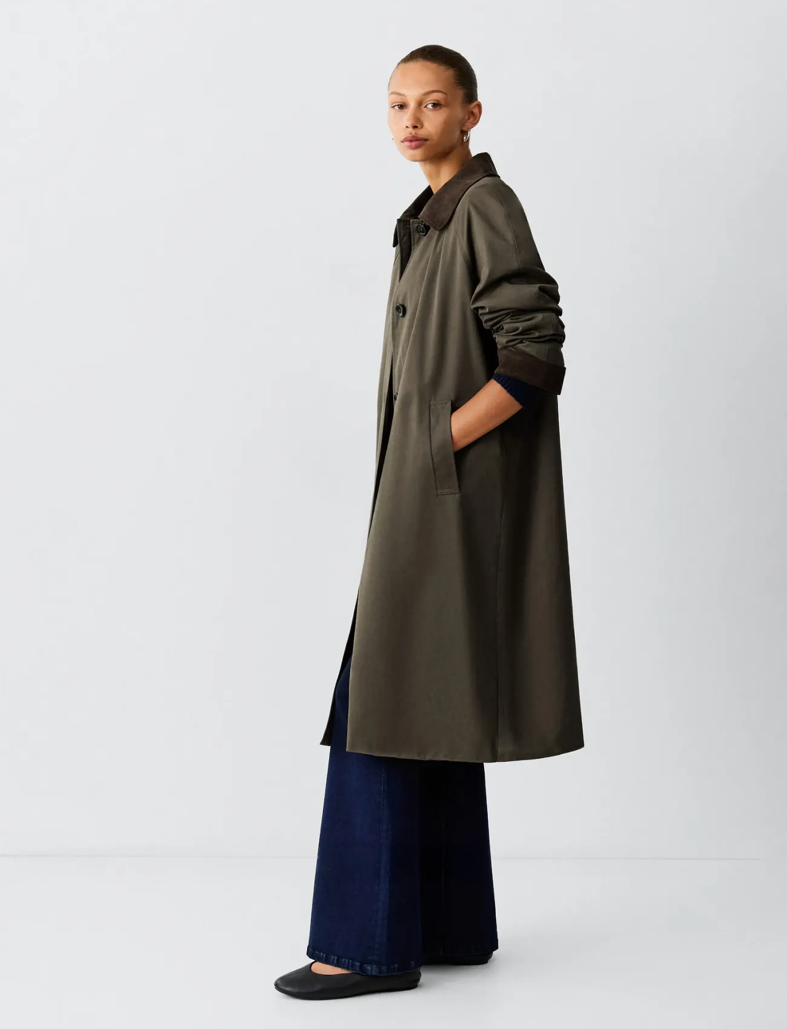 Mango Teen - Long cotton trench coat with corduroy collar - rockar & kappor - dark green - 0